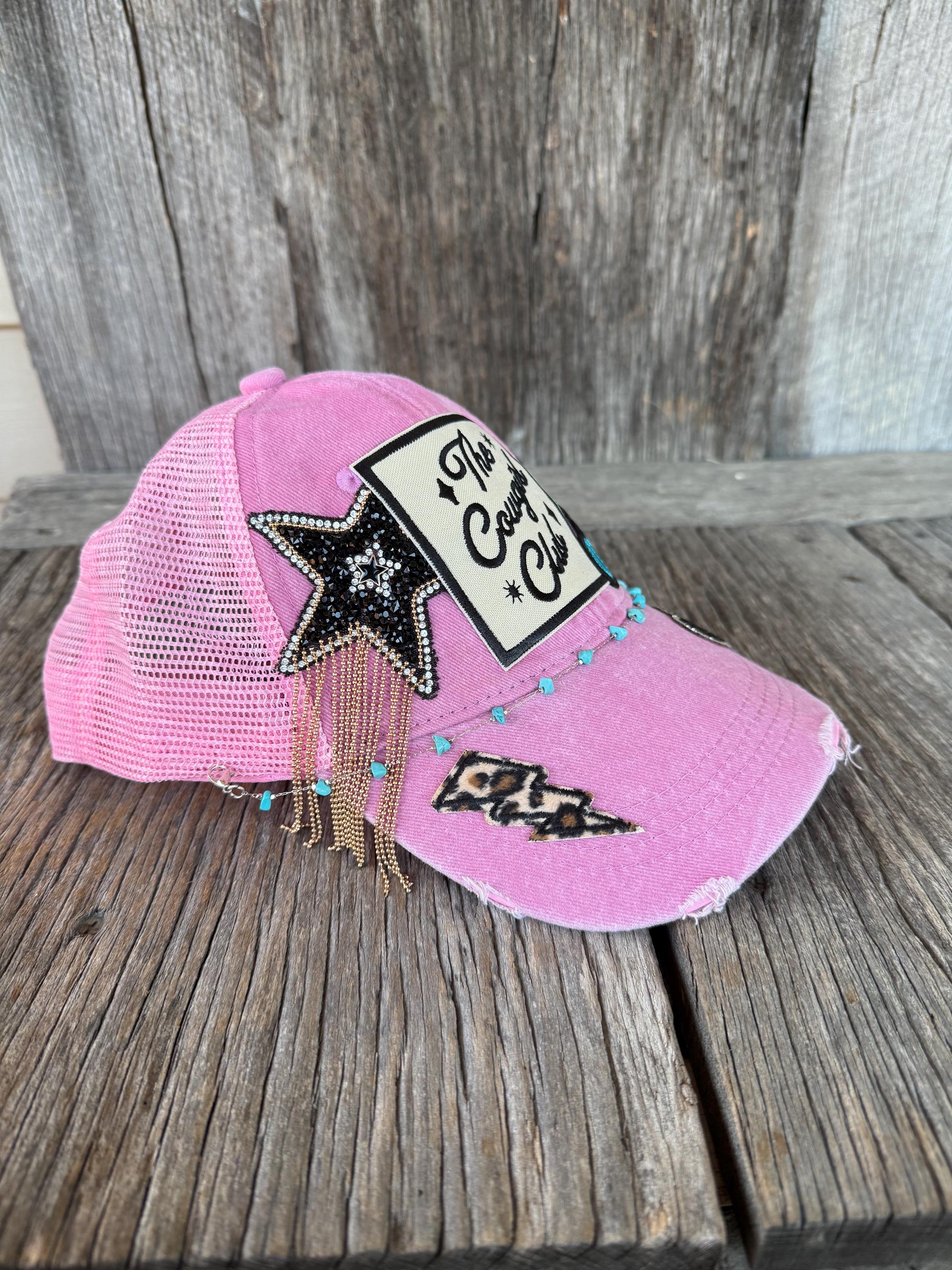 The Cowgirl Club Pink Distressed Trucker Hat | Glitter Star, Cheetah & Lightning Bolt Patches | Turquoise Stone Hat Chain