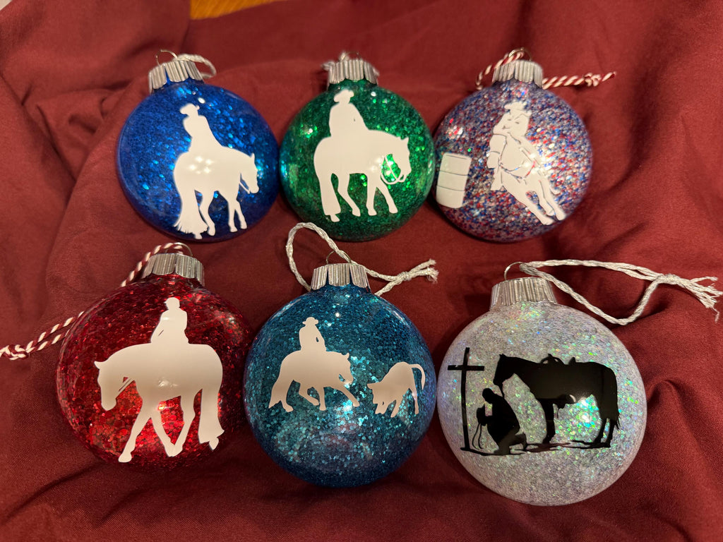 Horse themed glitter Christmas ornaments. western pleasure, barrel racing, cutting, hunter English.