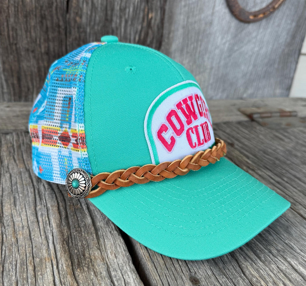 Turquoise Aztec Southwest Trucker Hat | Braided Latigo Band, Silver Turquoise Conchos & Cowgirl Club Patch | Western Cowgirl Cap