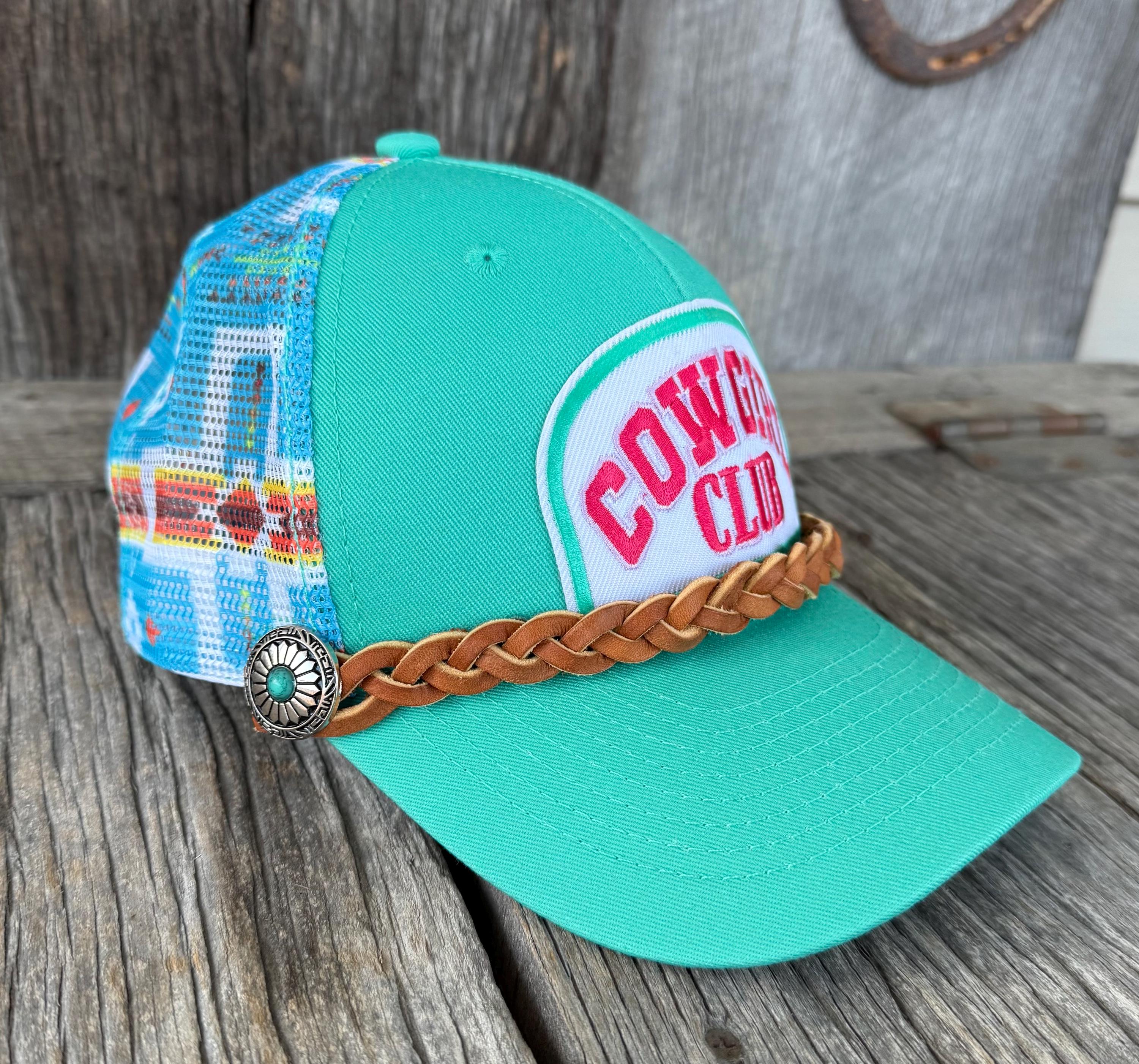 Turquoise Aztec Southwest Trucker Hat | Braided Latigo Band, Silver Turquoise Conchos & Cowgirl Club Patch | Western Cowgirl Cap
