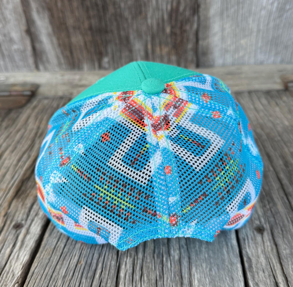 Turquoise Aztec Southwest Trucker Hat | Braided Latigo Band, Silver Turquoise Conchos & Cowgirl Club Patch | Western Cowgirl Cap