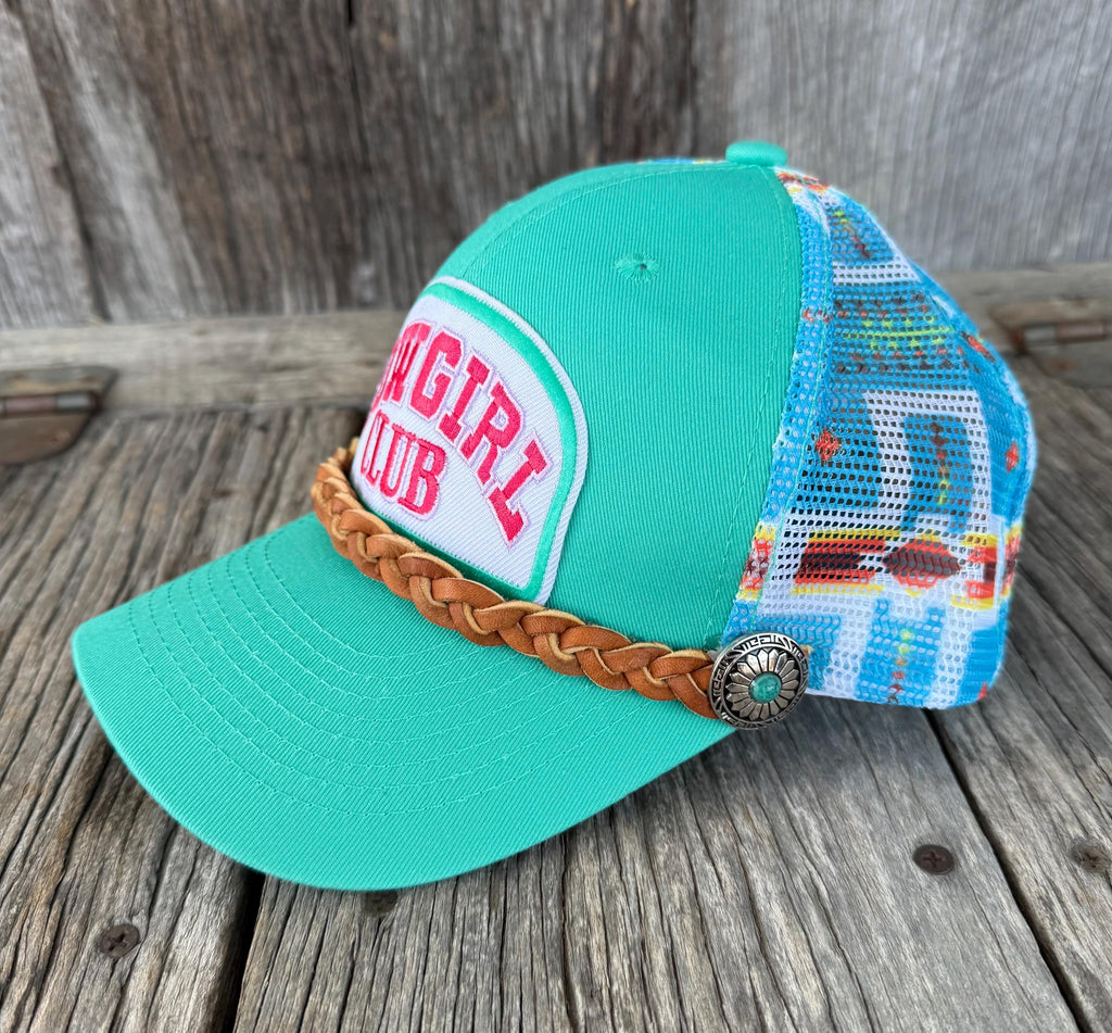 Turquoise Aztec Southwest Trucker Hat | Braided Latigo Band, Silver Turquoise Conchos & Cowgirl Club Patch | Western Cowgirl Cap