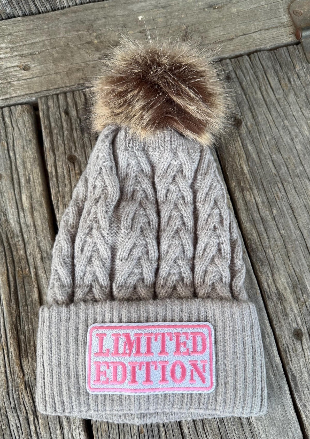 Gray Western Cowgirl Knit Beanie | Faux Fur Pom-Pom & Limited Edition Western Patch | Cozy Fall & Winter Hat