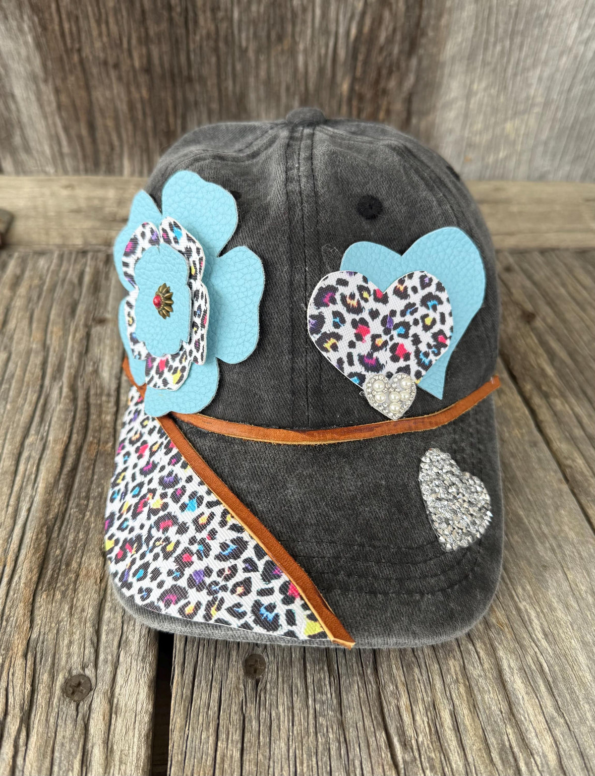 Distressed Western Trucker Hat | Cheetah Print Brim, Faux Leather Flowers & Concho | Boho Cowgirl Hat