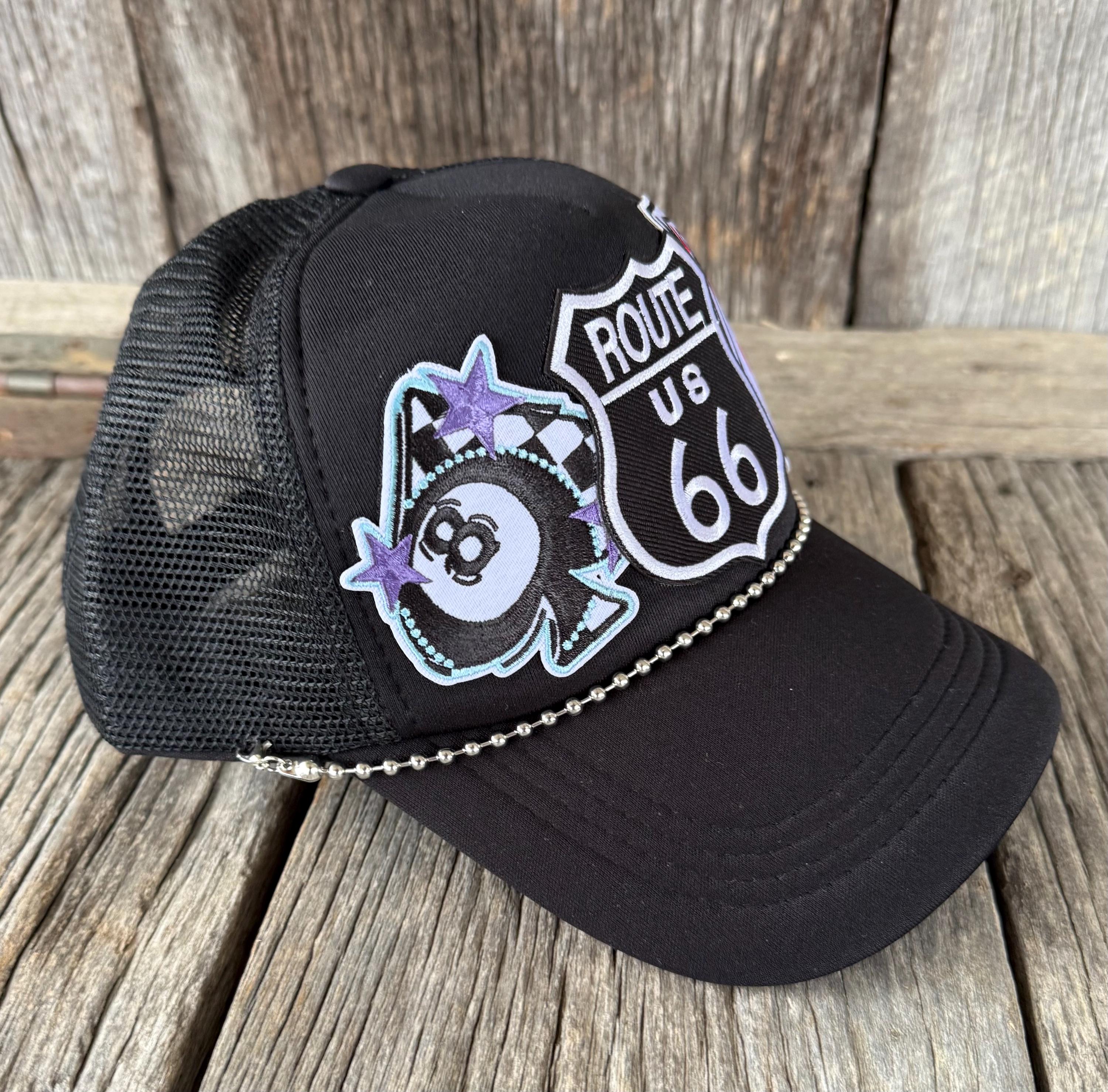 Route 66 Black Trucker Hat | Playing Cards & 8 Ball Patches | Silver Hat Chain