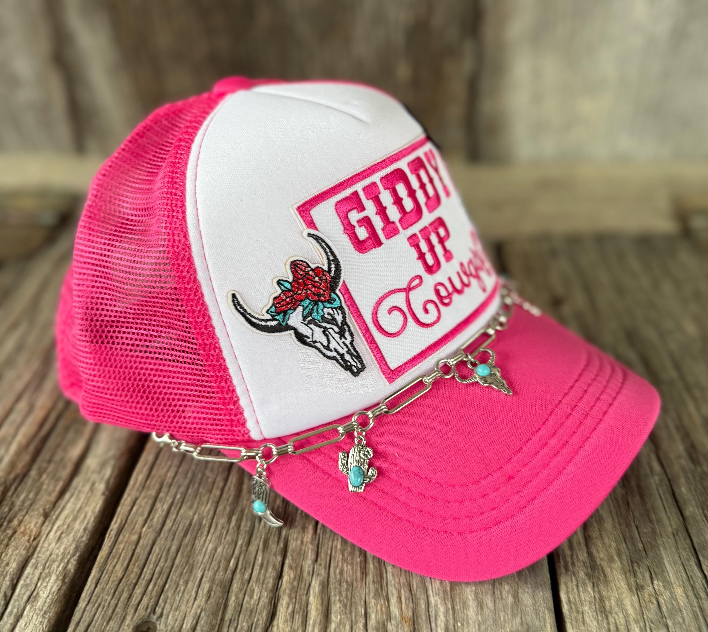 Giddy Up Cowgirl Pink Trucker Hat | Longhorn, Cactus & Script Patches | Silver Hat Chain & Boot Hat Pin