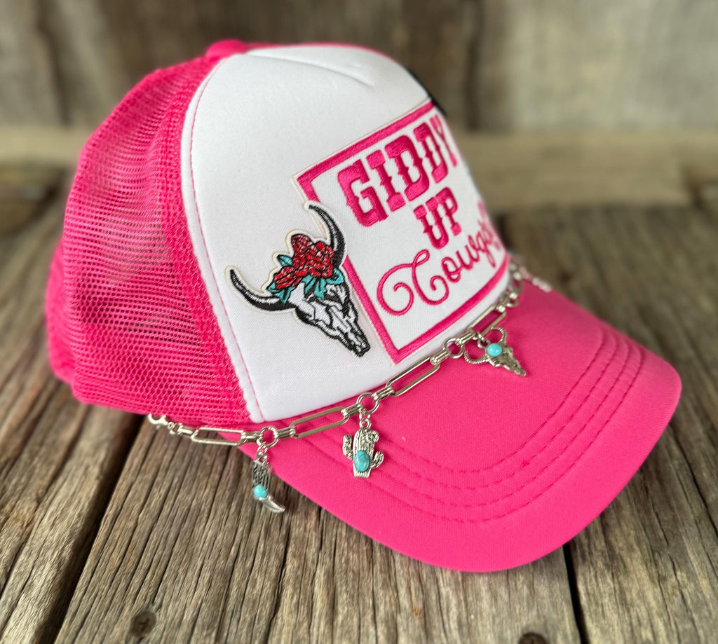 Giddy Up Cowgirl Pink Trucker Hat | Longhorn, Cactus & Script Patches | Silver Hat Chain & Boot Hat Pin