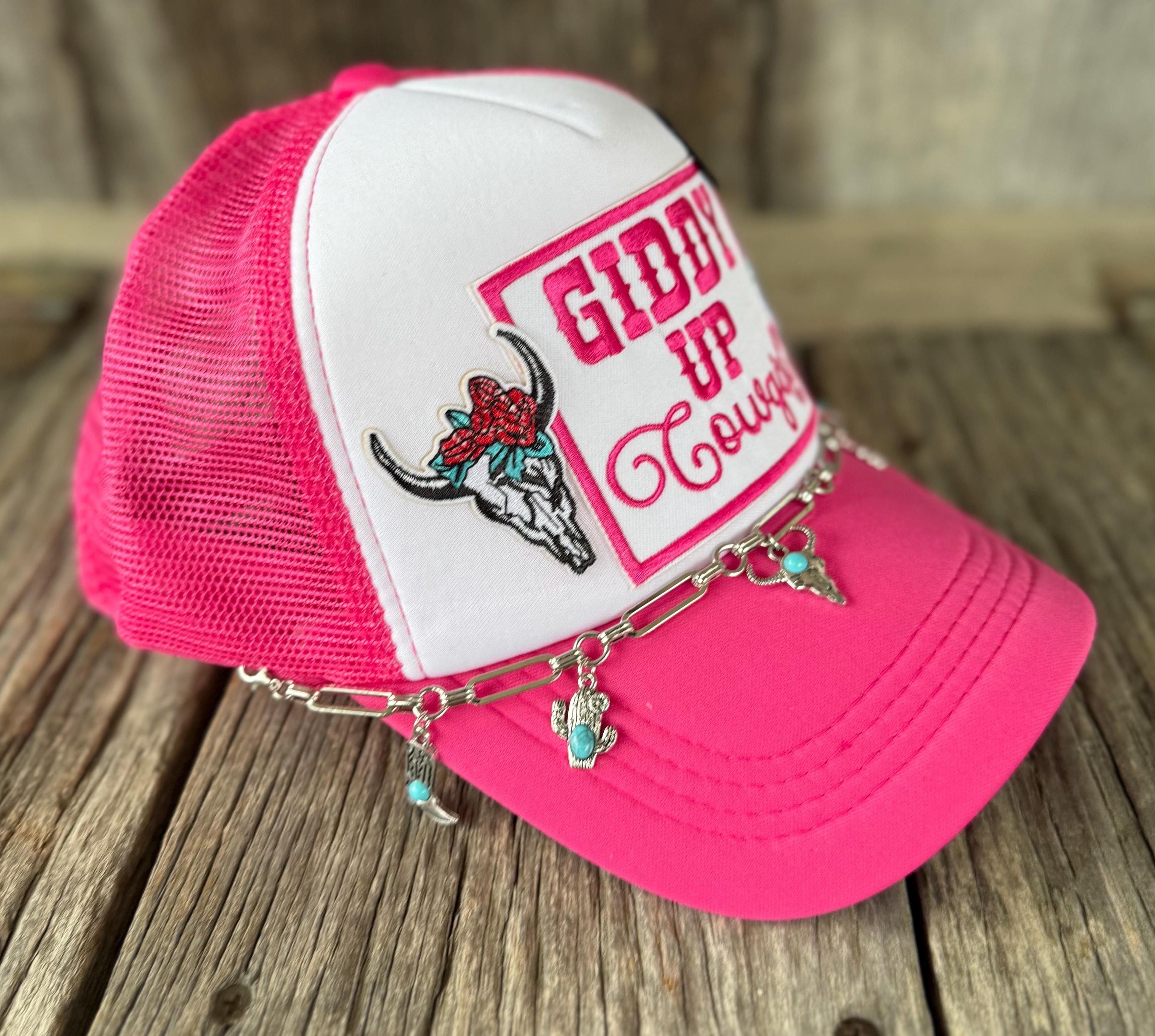 Giddy Up Cowgirl Pink Trucker Hat | Longhorn, Cactus & Script Patches | Silver Hat Chain & Boot Hat Pin