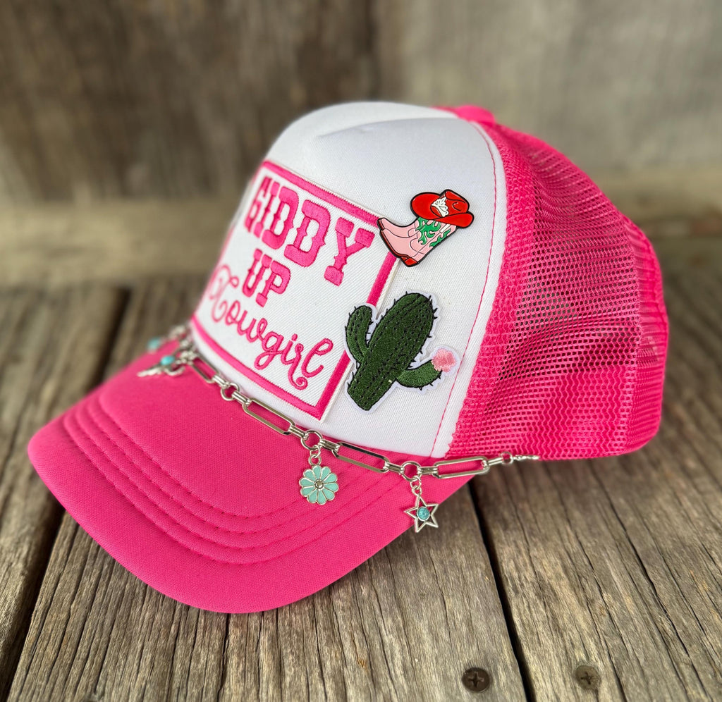 Giddy Up Cowgirl Pink Trucker Hat | Longhorn, Cactus & Script Patches | Silver Hat Chain & Boot Hat Pin