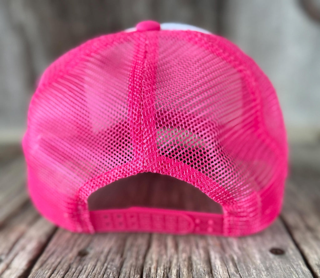 Giddy Up Cowgirl Pink Trucker Hat | Longhorn, Cactus & Script Patches | Silver Hat Chain & Boot Hat Pin