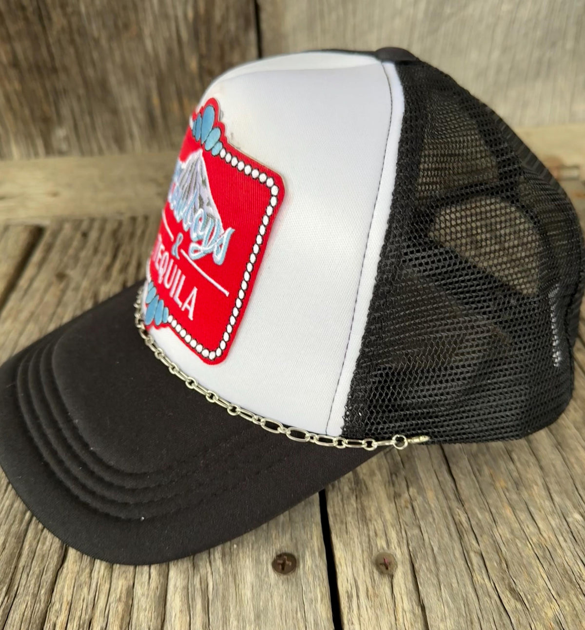 Black Western Trucker Hat | Tequila & Cowboy Iron-On Patch | Silver Hat Chain