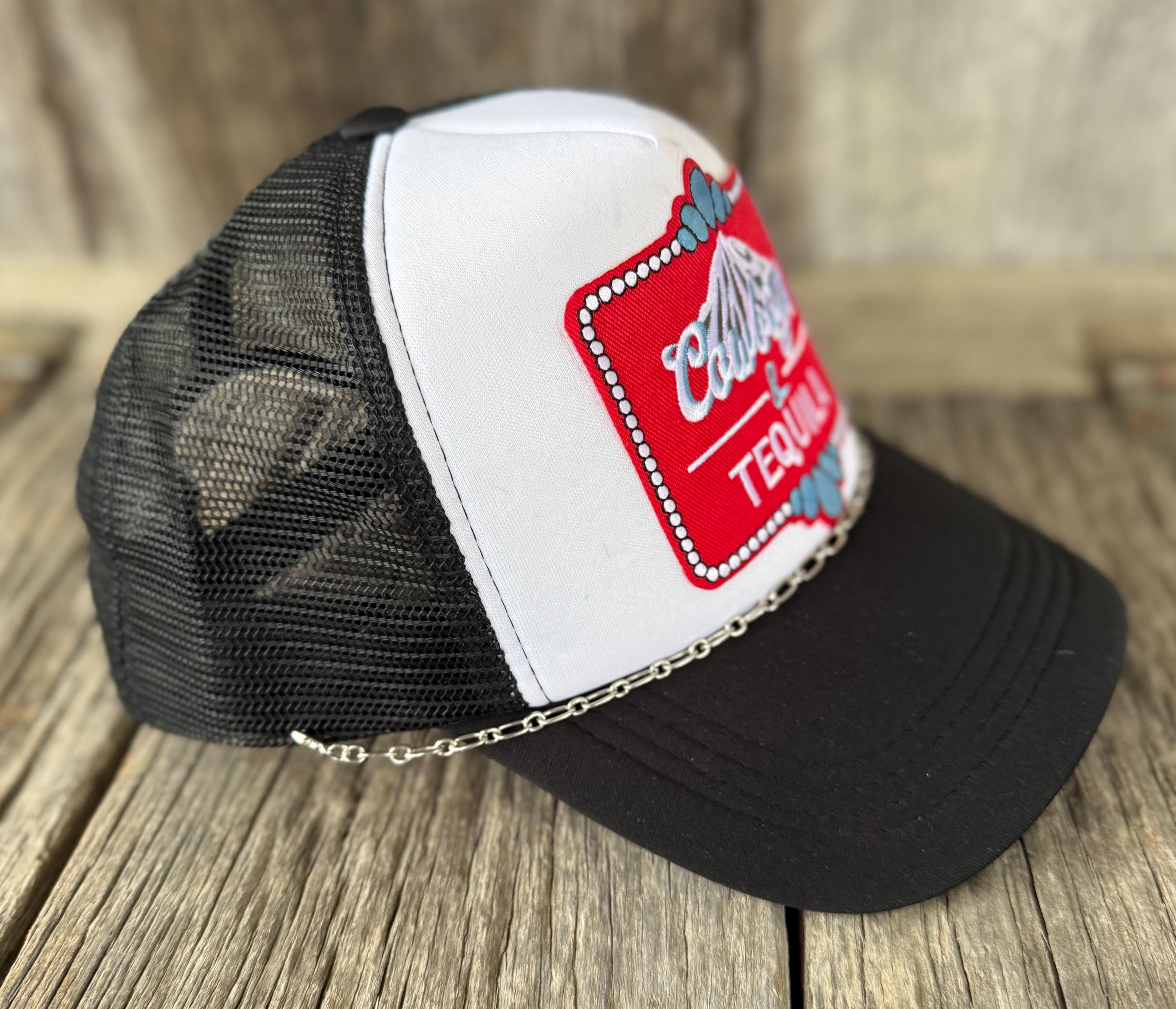 Black Western Trucker Hat | Tequila & Cowboy Iron-On Patch | Silver Hat Chain