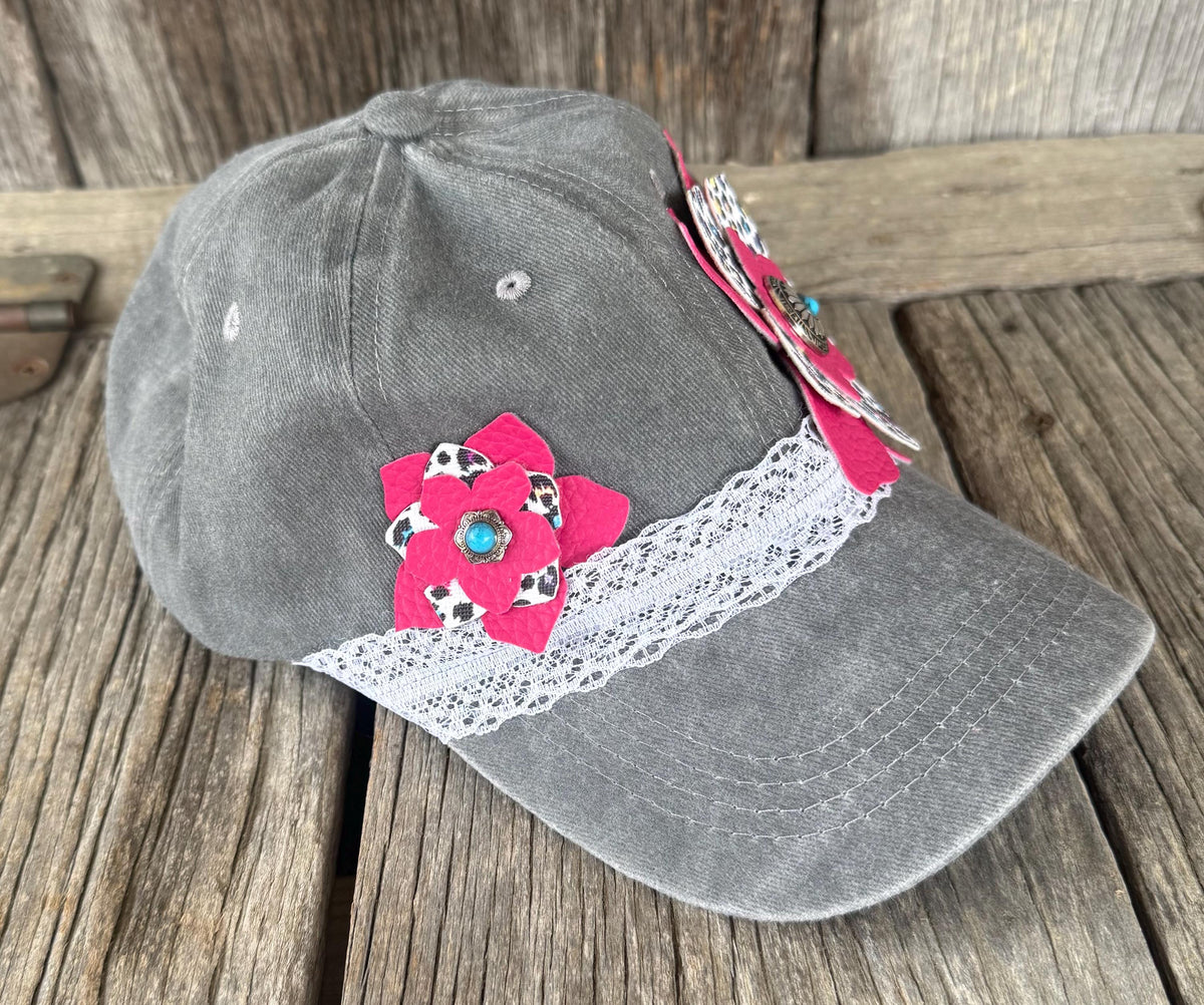 Distressed Gray Western Trucker Hat | Cheetah Faux Leather Flower, Silver Turquoise Concho & Lace Hat Band | Cowgirl Cap