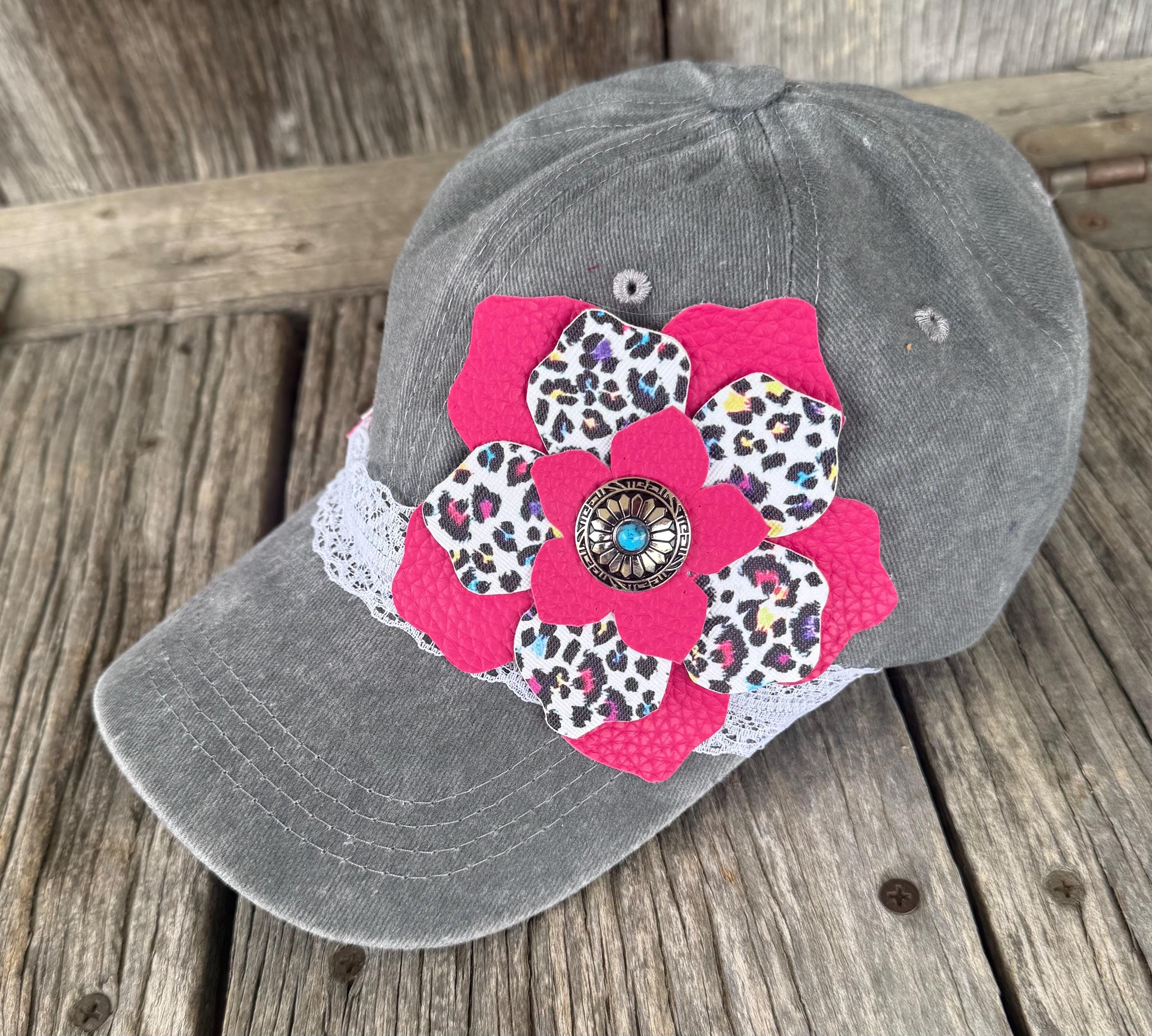 Distressed Gray Western Trucker Hat | Cheetah Faux Leather Flower, Silver Turquoise Concho & Lace Hat Band | Cowgirl Cap