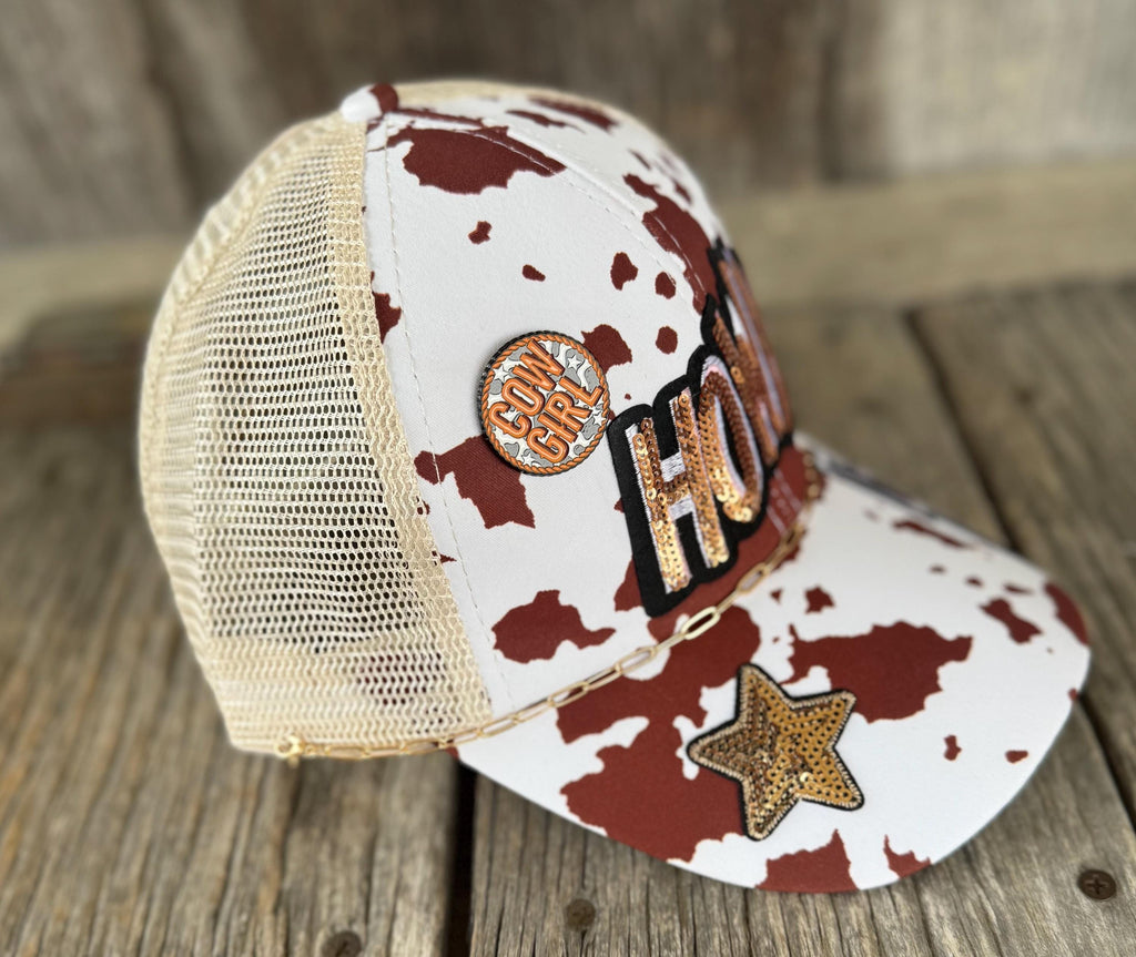 Brown Cow Print Western Trucker Hat | Sequin Howdy, Star & Lightning Bolt Patches | Hat Pin