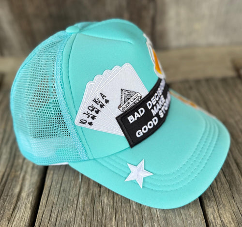 "Bad Decisions Make Good Stories" Turquoise Trucker Hat | Playing Cards & Beer Stein Patches | Funny Western Cowgirl Hat