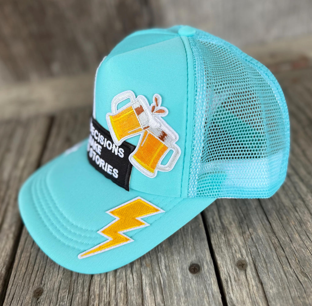 "Bad Decisions Make Good Stories" Turquoise Trucker Hat | Playing Cards & Beer Stein Patches | Funny Western Cowgirl Hat