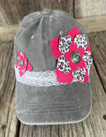 Distressed Gray Western Trucker Hat | Cheetah Faux Leather Flower, Silver Turquoise Concho & Lace Hat Band | Cowgirl Cap
