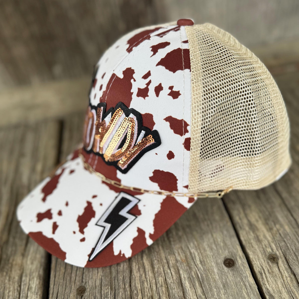 Brown Cow Print Western Trucker Hat | Sequin Howdy, Star & Lightning Bolt Patches | Hat Pin