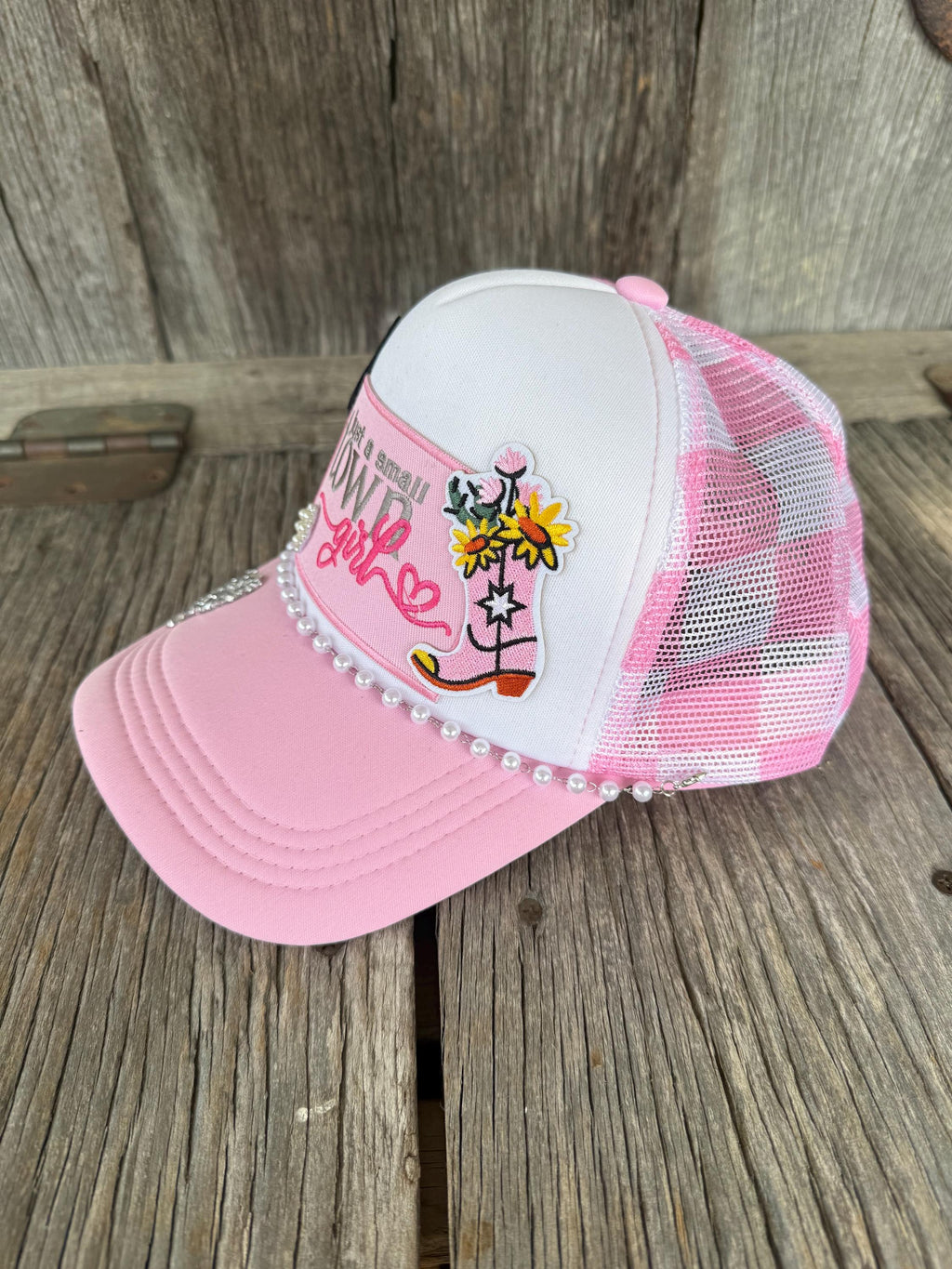 Pink Checkered Trucker Hat | Pearl Hat Chain, Cowboy Boot & Butterfly Patch | Glitter Heart Brim