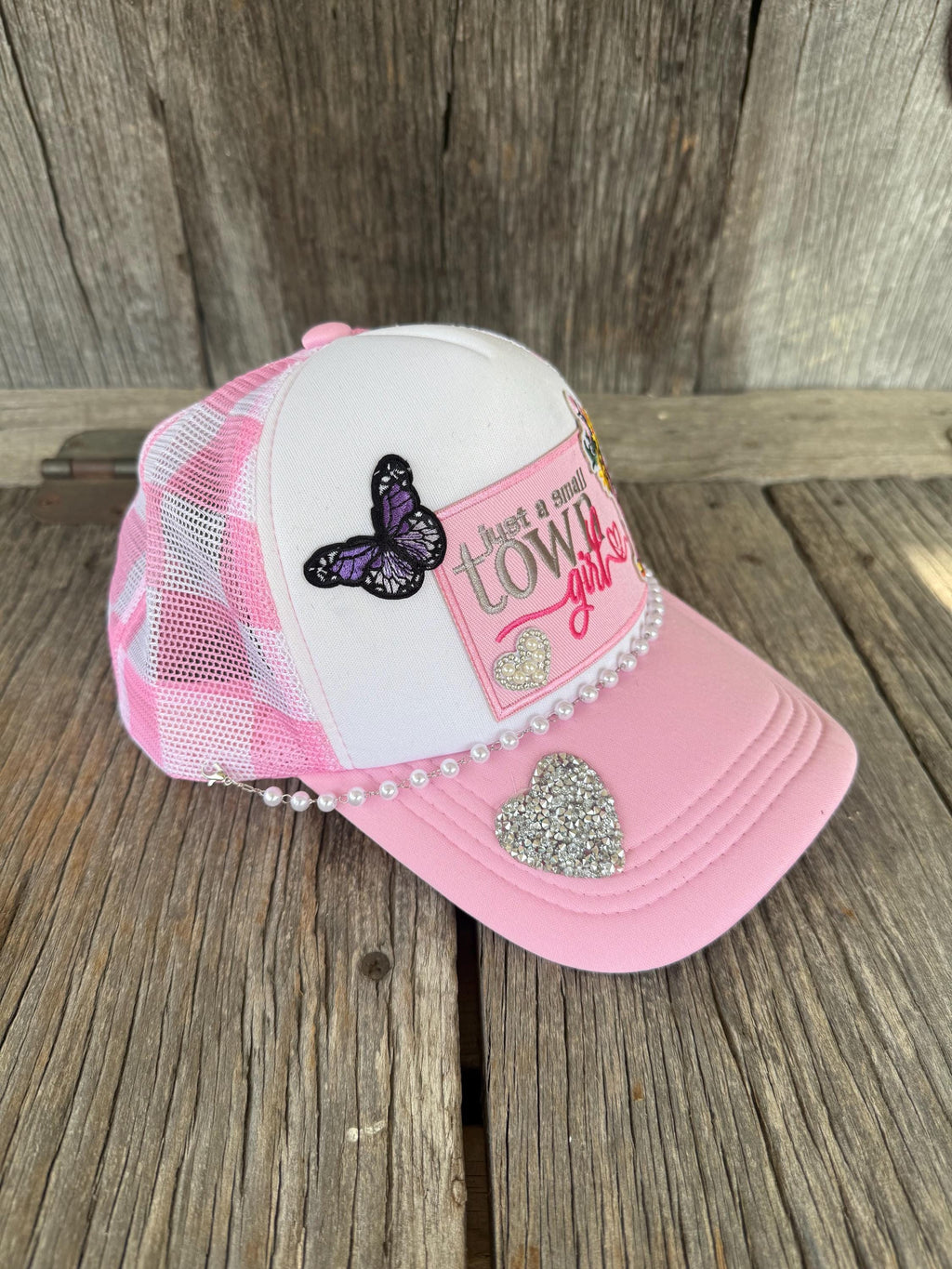 Pink Checkered Trucker Hat | Pearl Hat Chain, Cowboy Boot & Butterfly Patch | Glitter Heart Brim