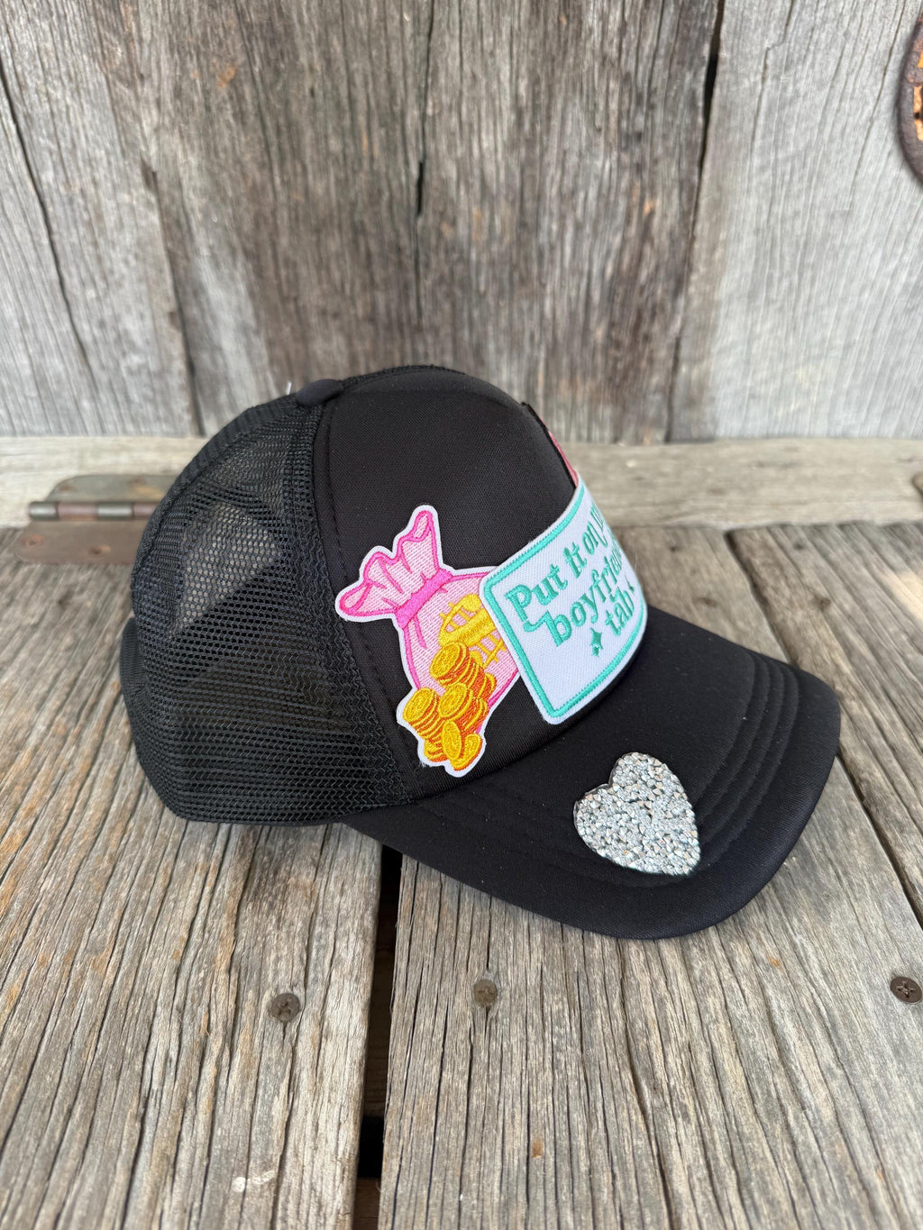 Put It On My Boyfriend's Tab Black Trucker Hat | Funny Iron-On Patch with Beaded Accents