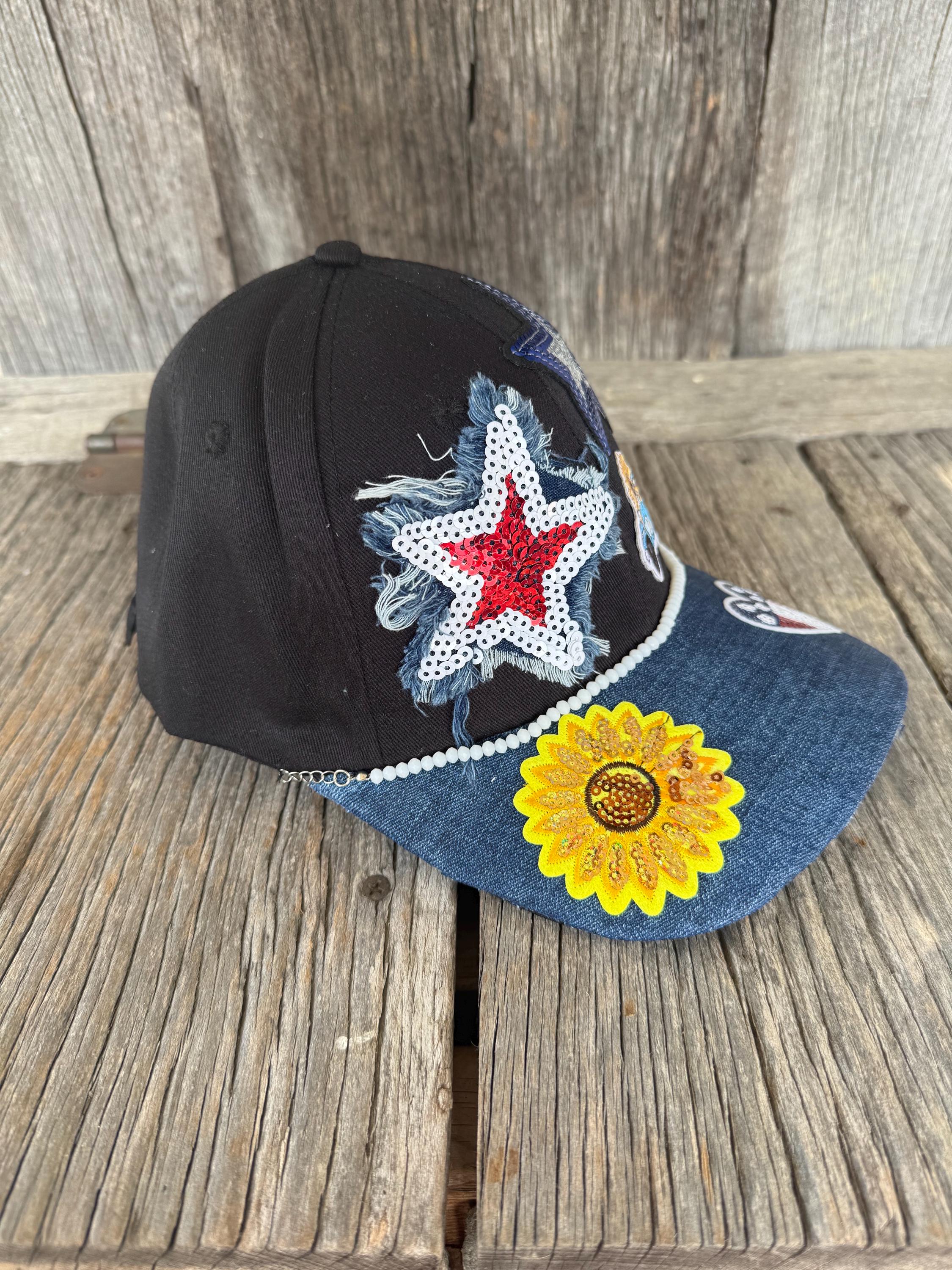 Black Trucker Hat with Denim Bill | Sequin Stars, Sunflower & Adventure Truck Patches
