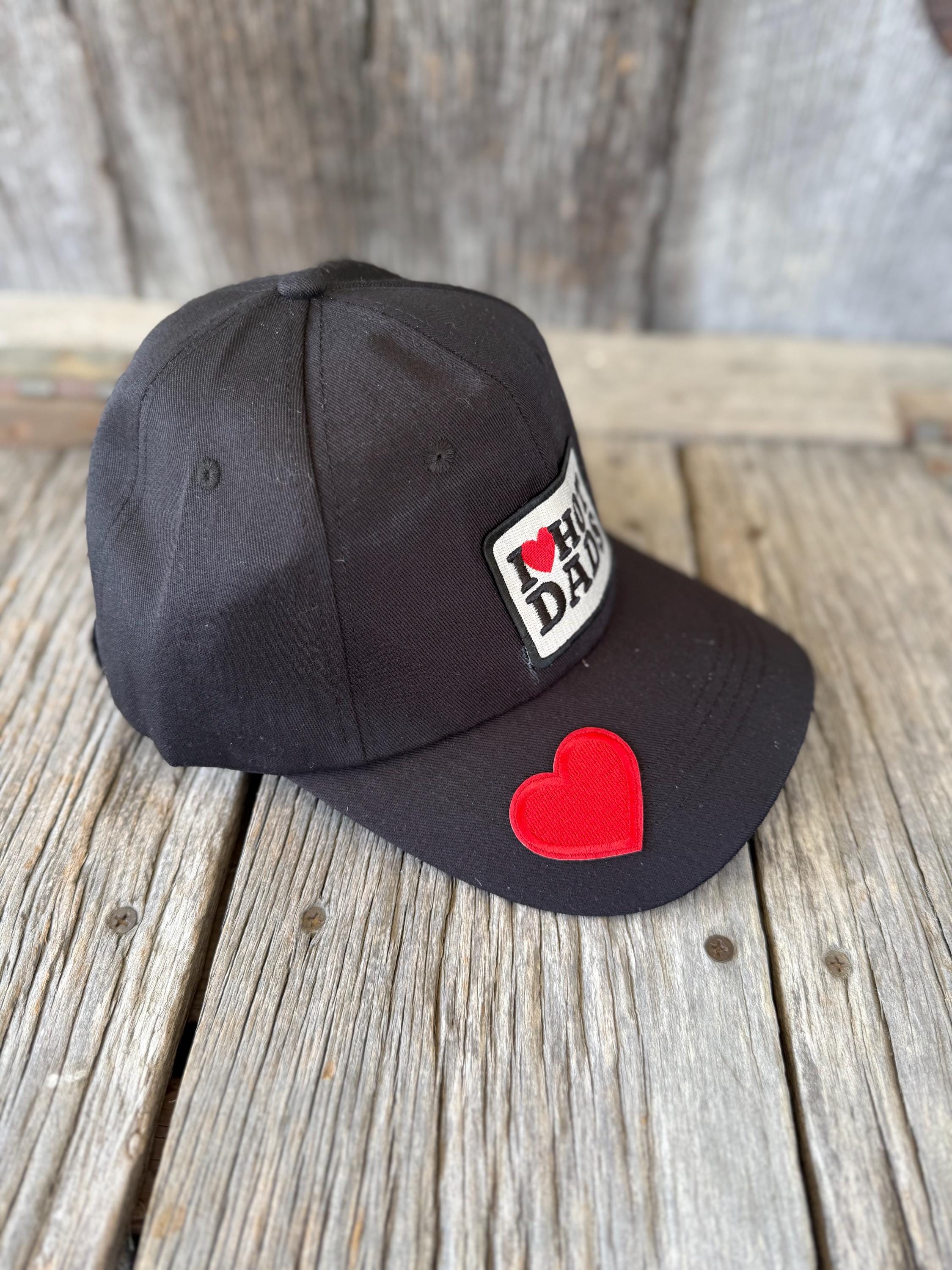 I Love Hot Dads Black Trucker Hat | Funny Iron-On Patch with Red Heart