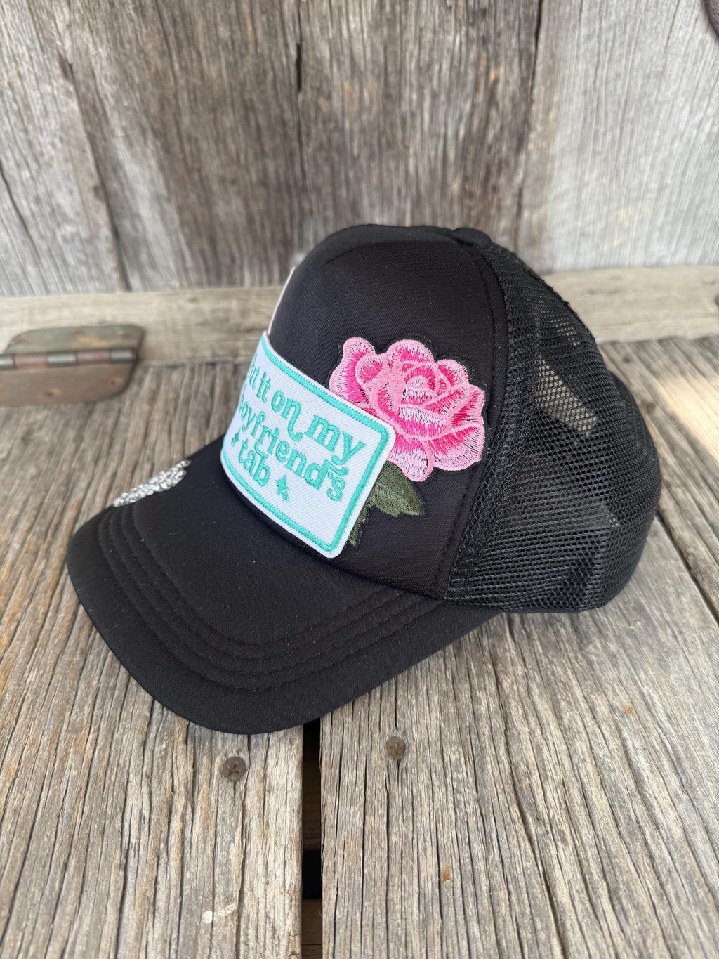 Put It On My Boyfriend's Tab Black Trucker Hat | Funny Iron-On Patch with Beaded Accents