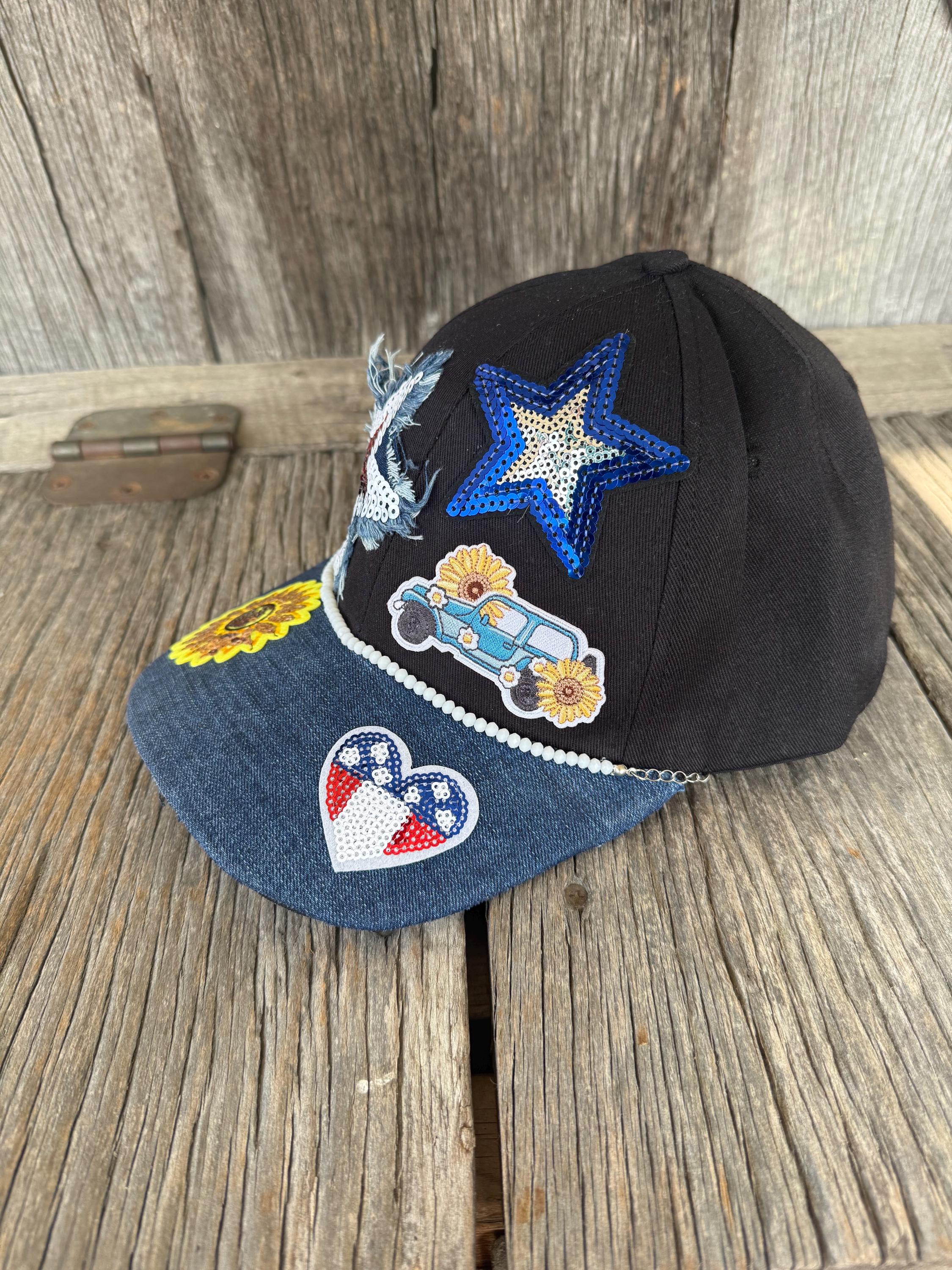 Black Trucker Hat with Denim Bill | Sequin Stars, Sunflower & Adventure Truck Patches