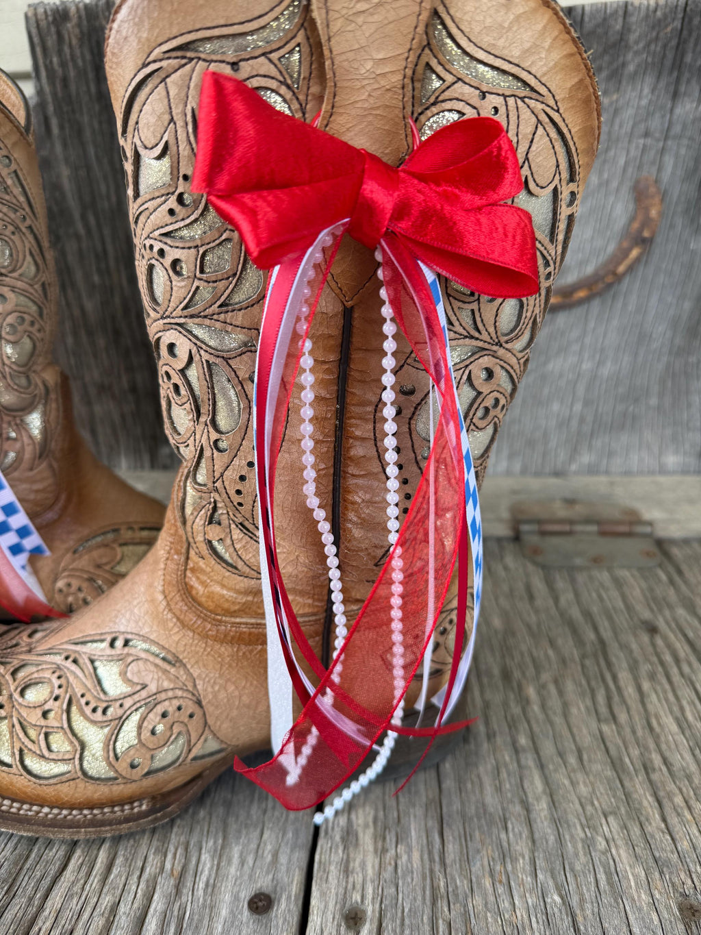 Red, White & Blue Checkered Boot Bows with Pearl Accent & Removable Clip (Set of 2)