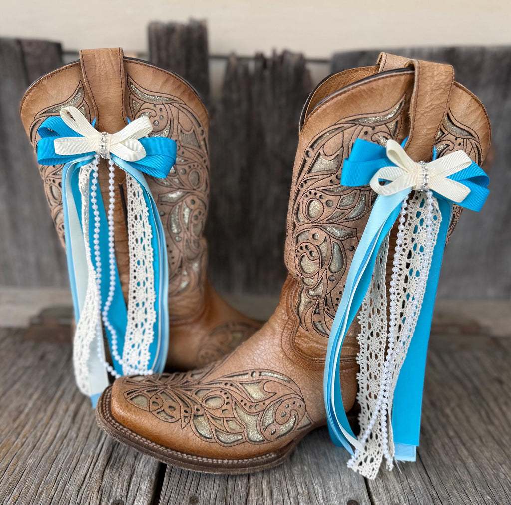 Turquoise & Ivory Lace Western Wedding Boot Bows with Pearls