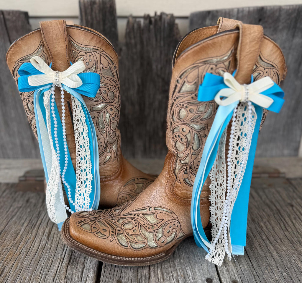 Turquoise & Ivory Lace Western Wedding Boot Bows with Pearls