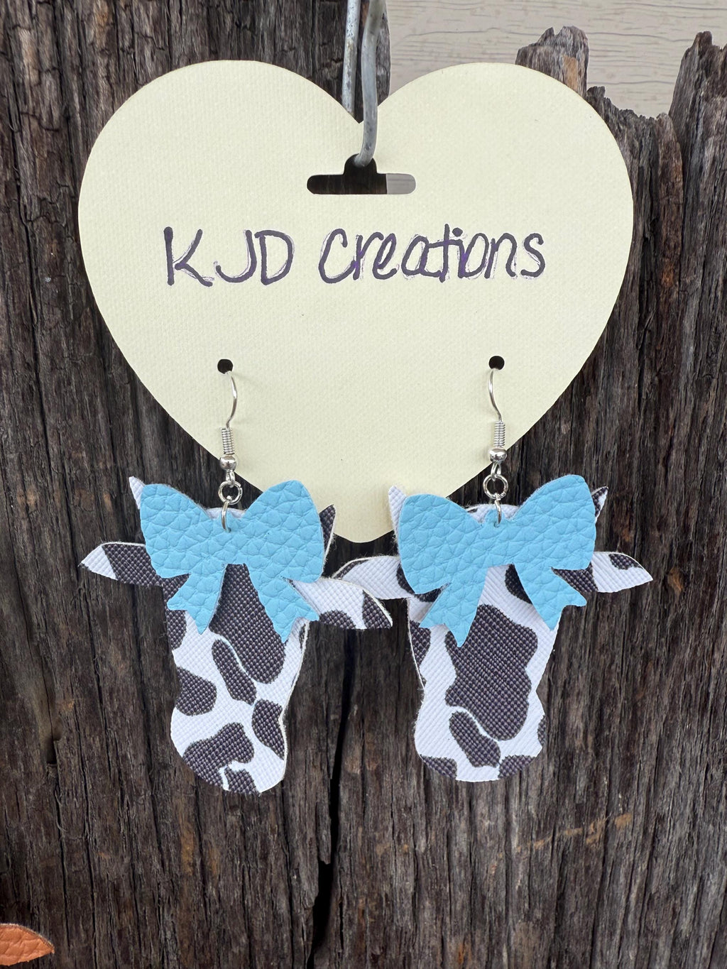 Faux Leather Cow Head & Bow Dangle Earrings - Cow Print & Leopard Accent