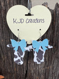 Faux Leather Cow Head & Bow Dangle Earrings - Cow Print & Leopard Accent