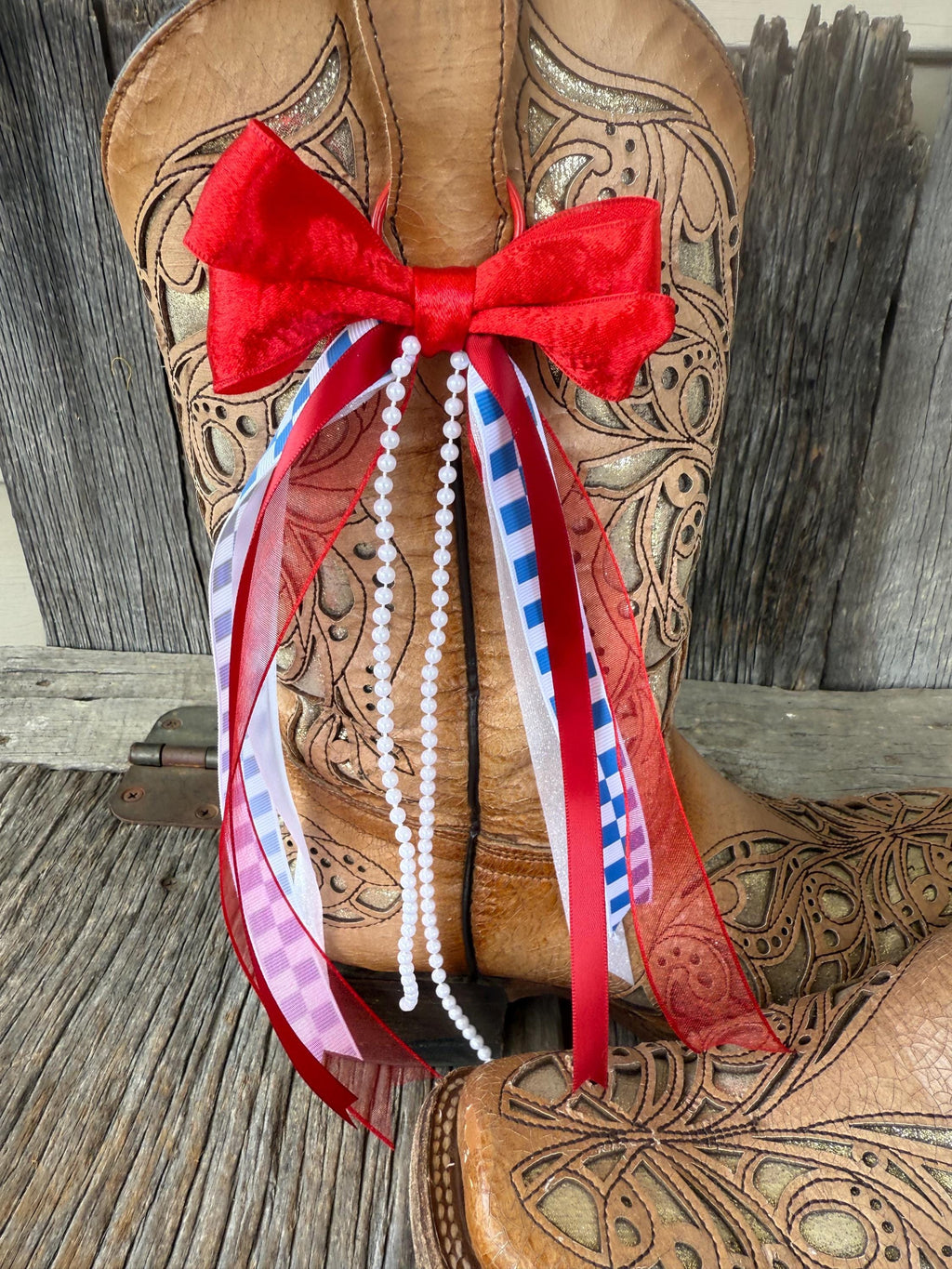 Red, White & Blue Checkered Boot Bows with Pearl Accent & Removable Clip (Set of 2)