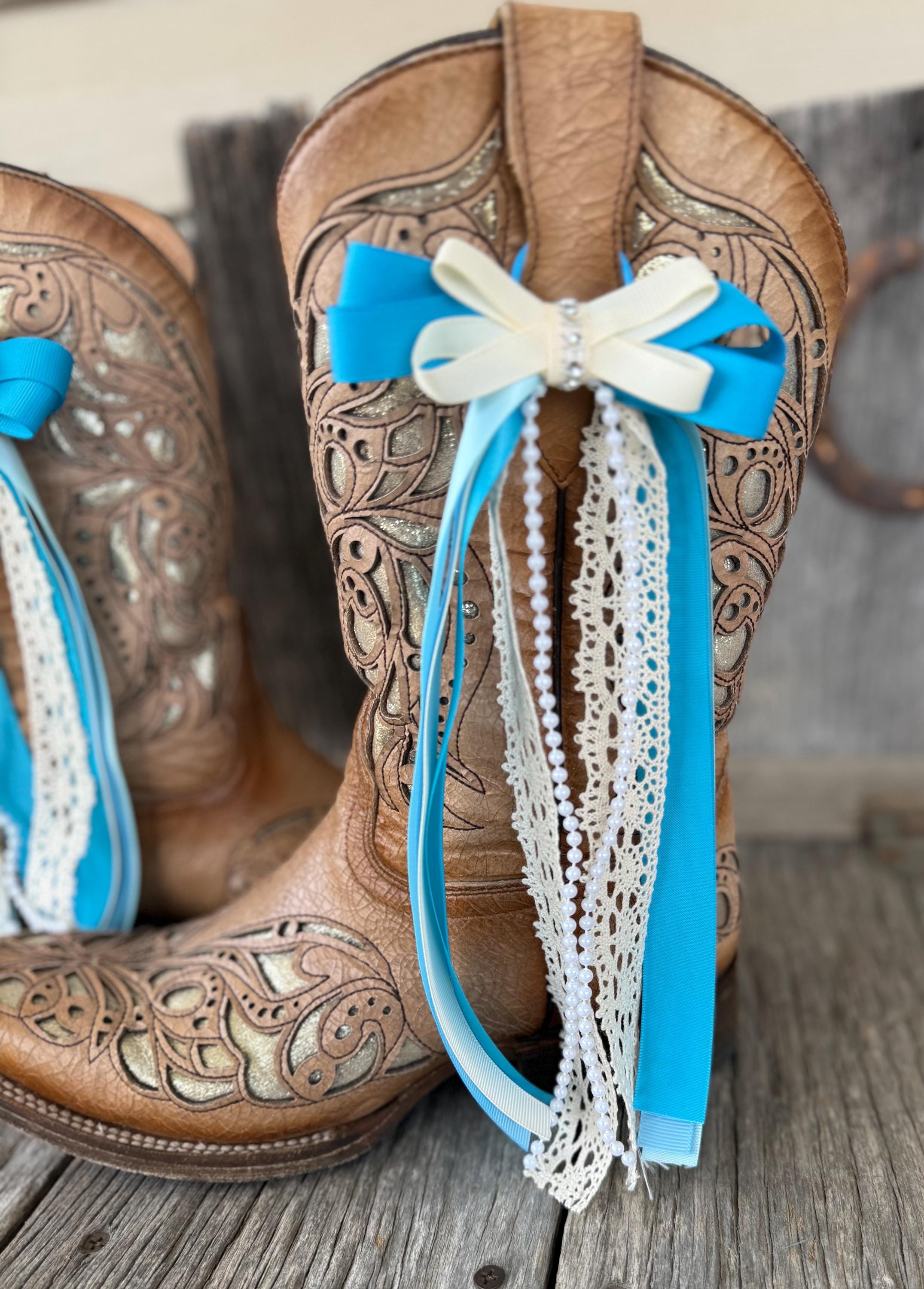 Turquoise & Ivory Lace Western Wedding Boot Bows with Pearls