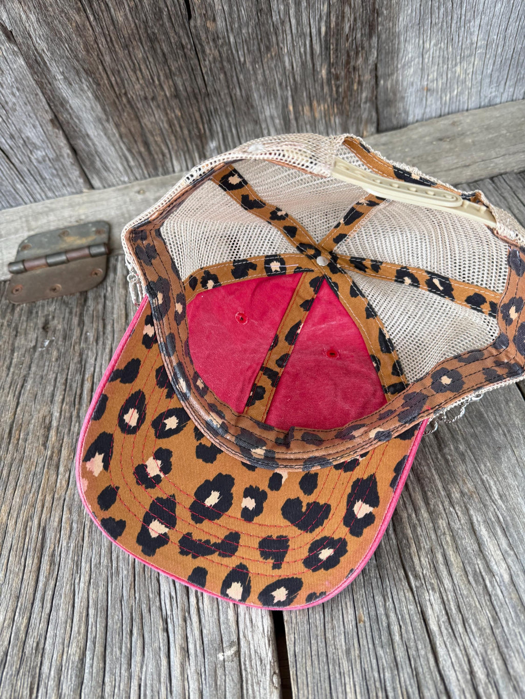 Red Leopard Bill Ponytail Trucker Hat | Silver Chain & Rhinestone Cowgirl Cap