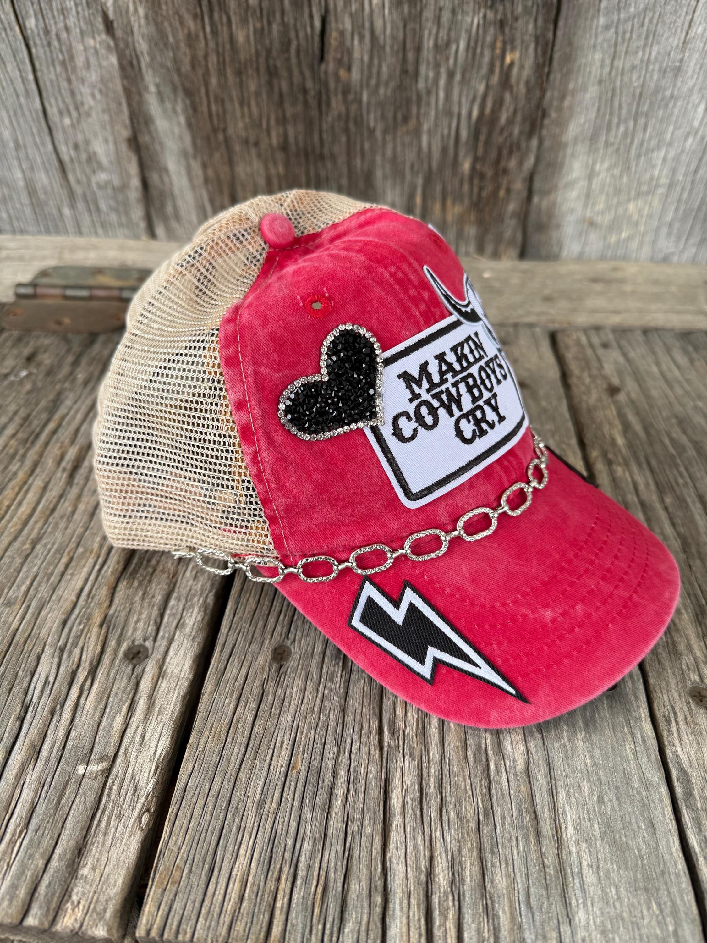 Red Leopard Bill Ponytail Trucker Hat | Silver Chain & Rhinestone Cowgirl Cap