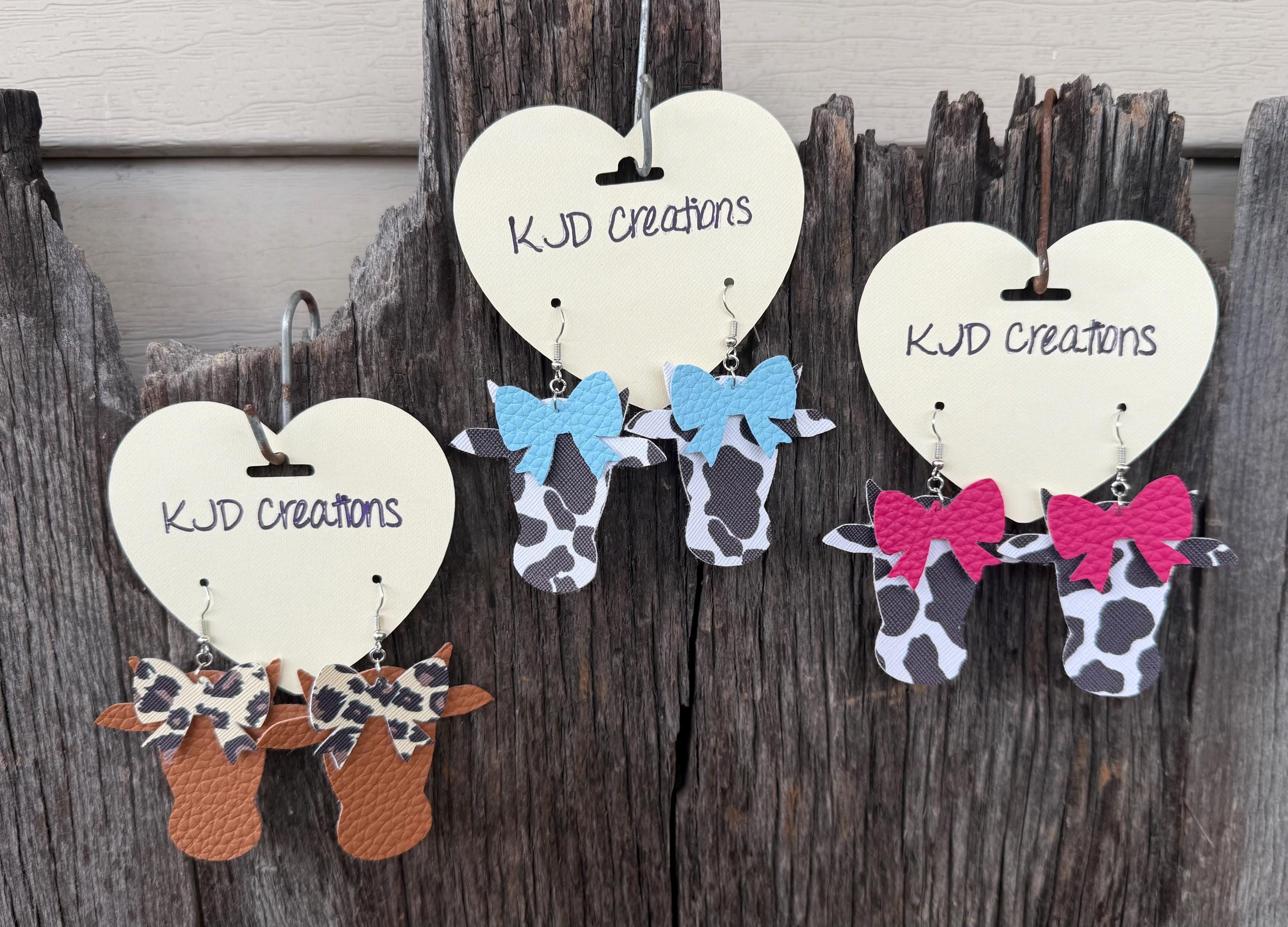 Faux Leather Cow Head & Bow Dangle Earrings - Cow Print & Leopard Accent