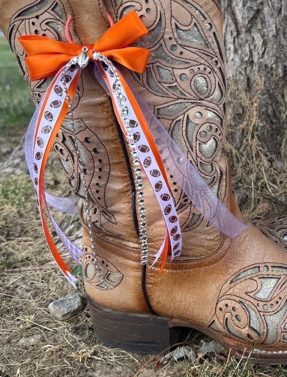 Purple & Orange Game Day Boot Bows | Football Season Cowboy Boot Accessory