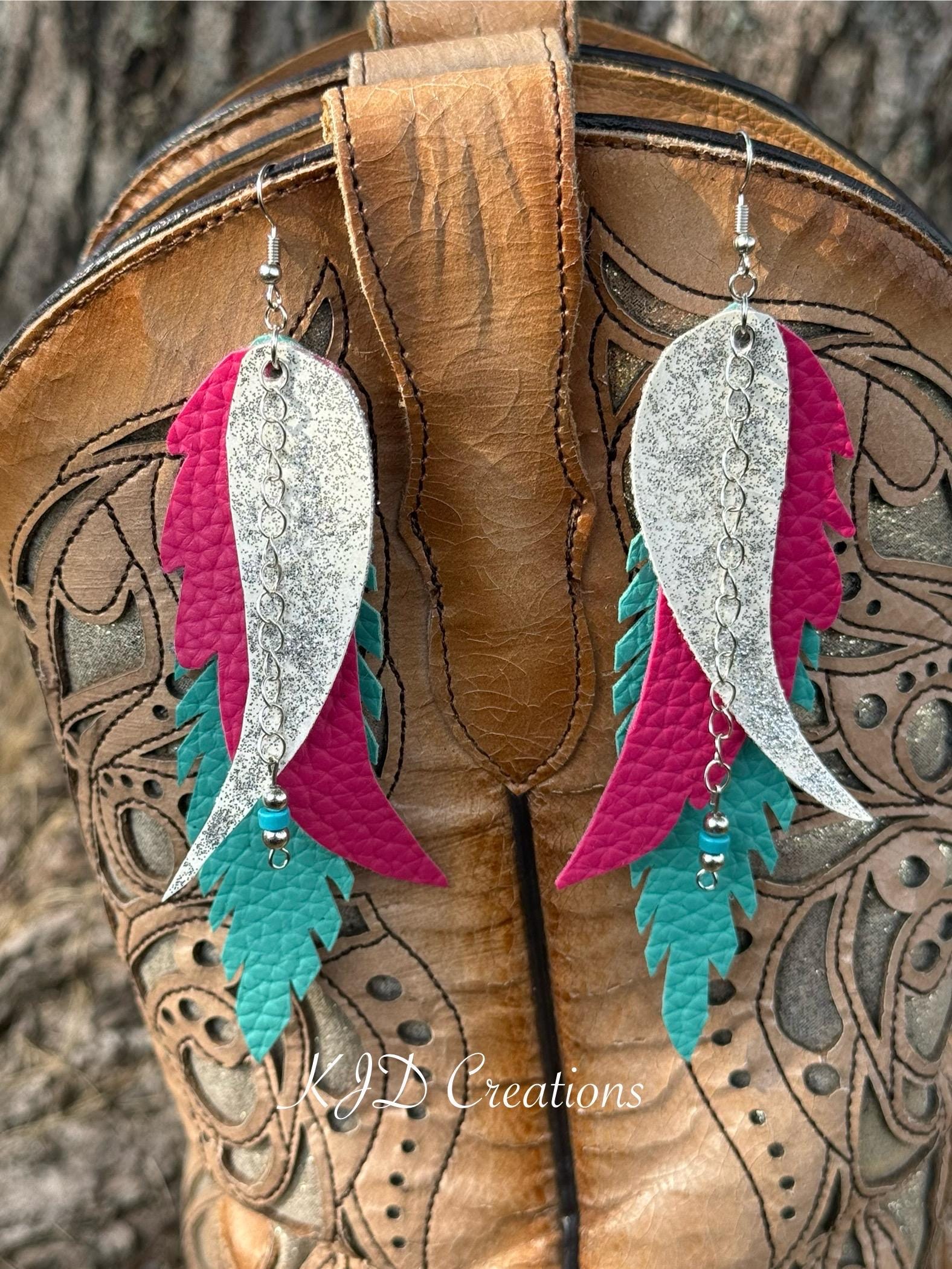 Western Boho Faux Leather Feather Dangle Earrings | Glitter & Chain Accent Statement Earrings
