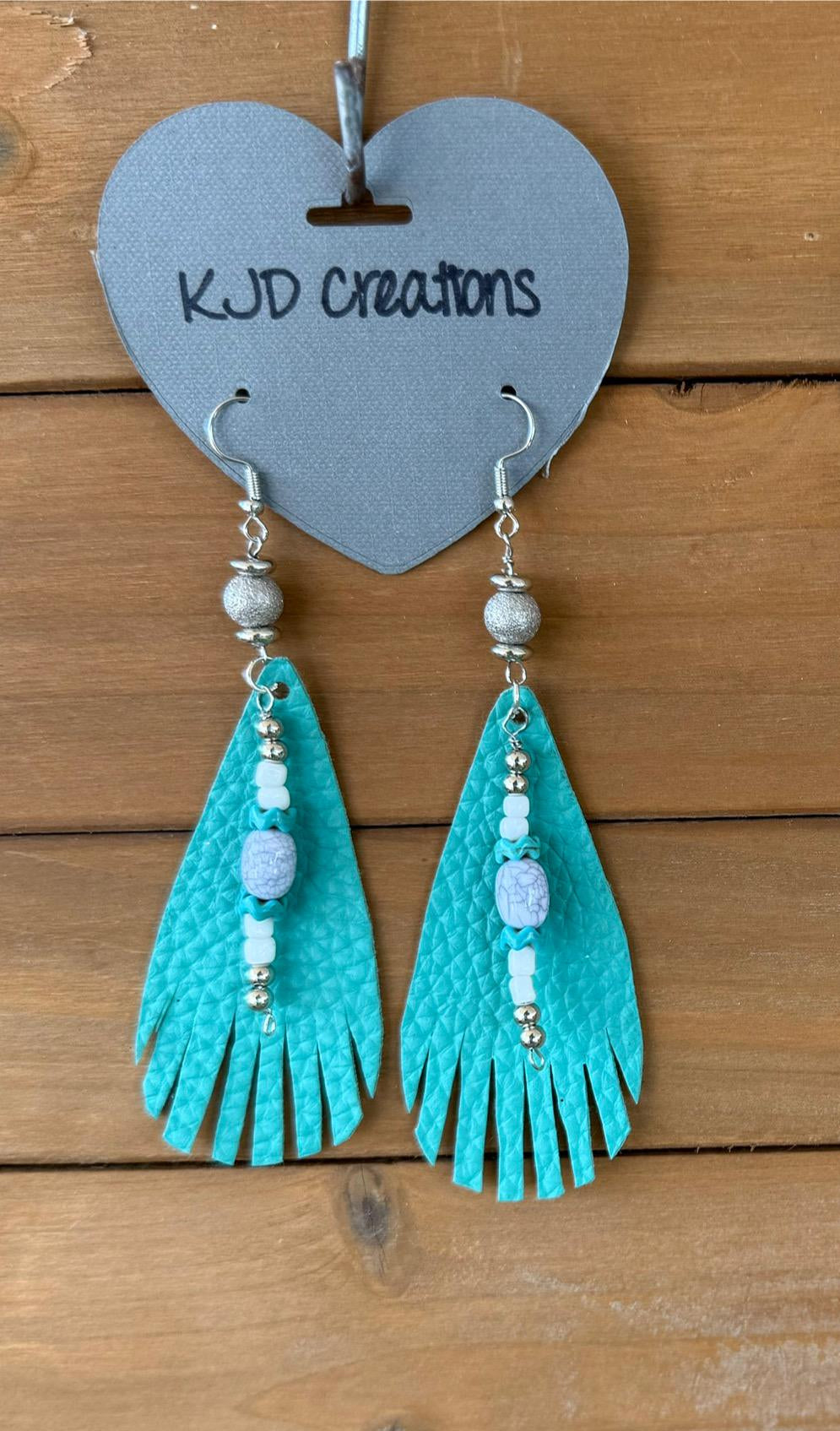 Turquoise Boho Western Fringe Faux Leather Dangle Earrings | Handmade Statement Earrings with Bead Accents