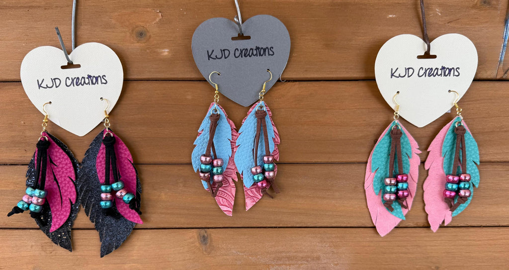 Faux Leather Layered Feather Earrings with Beads & Latigo | Western Boho Dangle