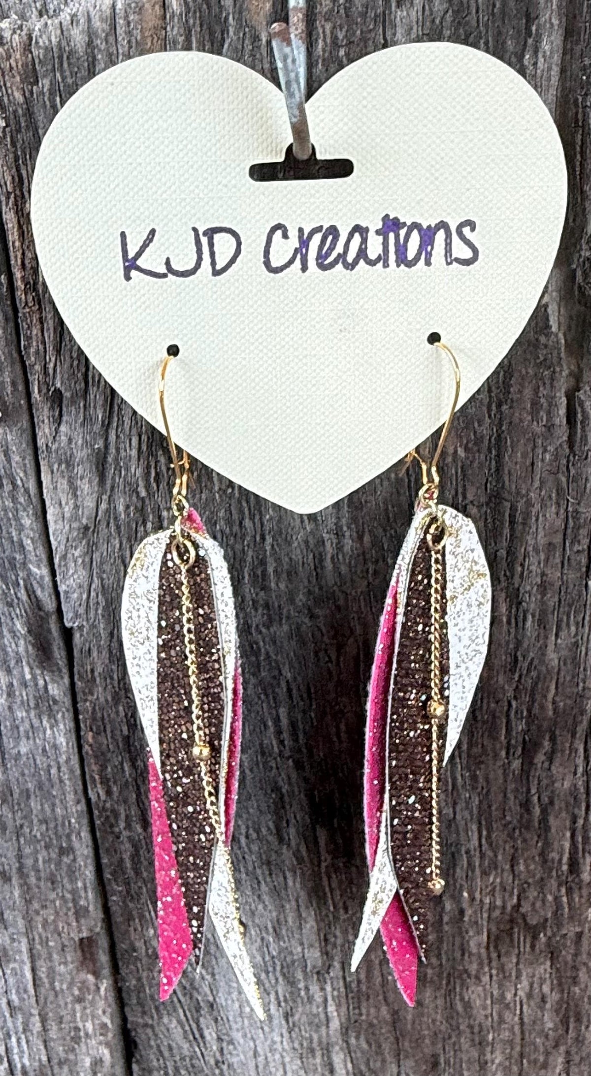 Pink, White & Gold Glitter Faux Leather Feather Earrings | Western Boho Dangle