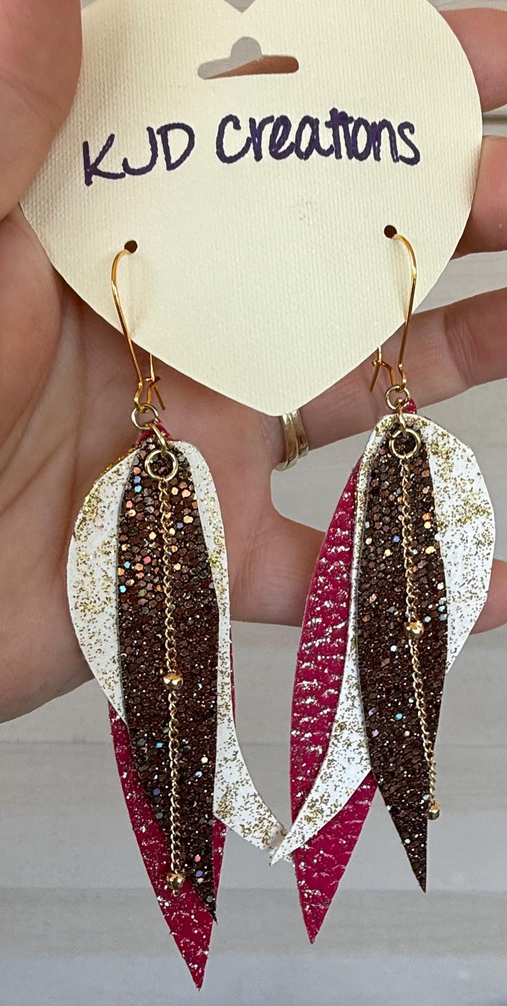 Pink, White & Gold Glitter Faux Leather Feather Earrings | Western Boho Dangle