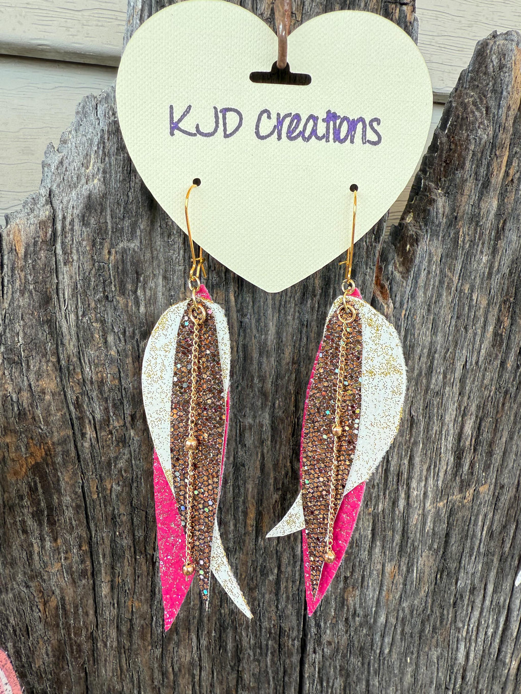 Pink, White & Gold Glitter Faux Leather Feather Earrings | Western Boho Dangle