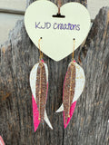Pink, White & Gold Glitter Faux Leather Feather Earrings | Western Boho Dangle