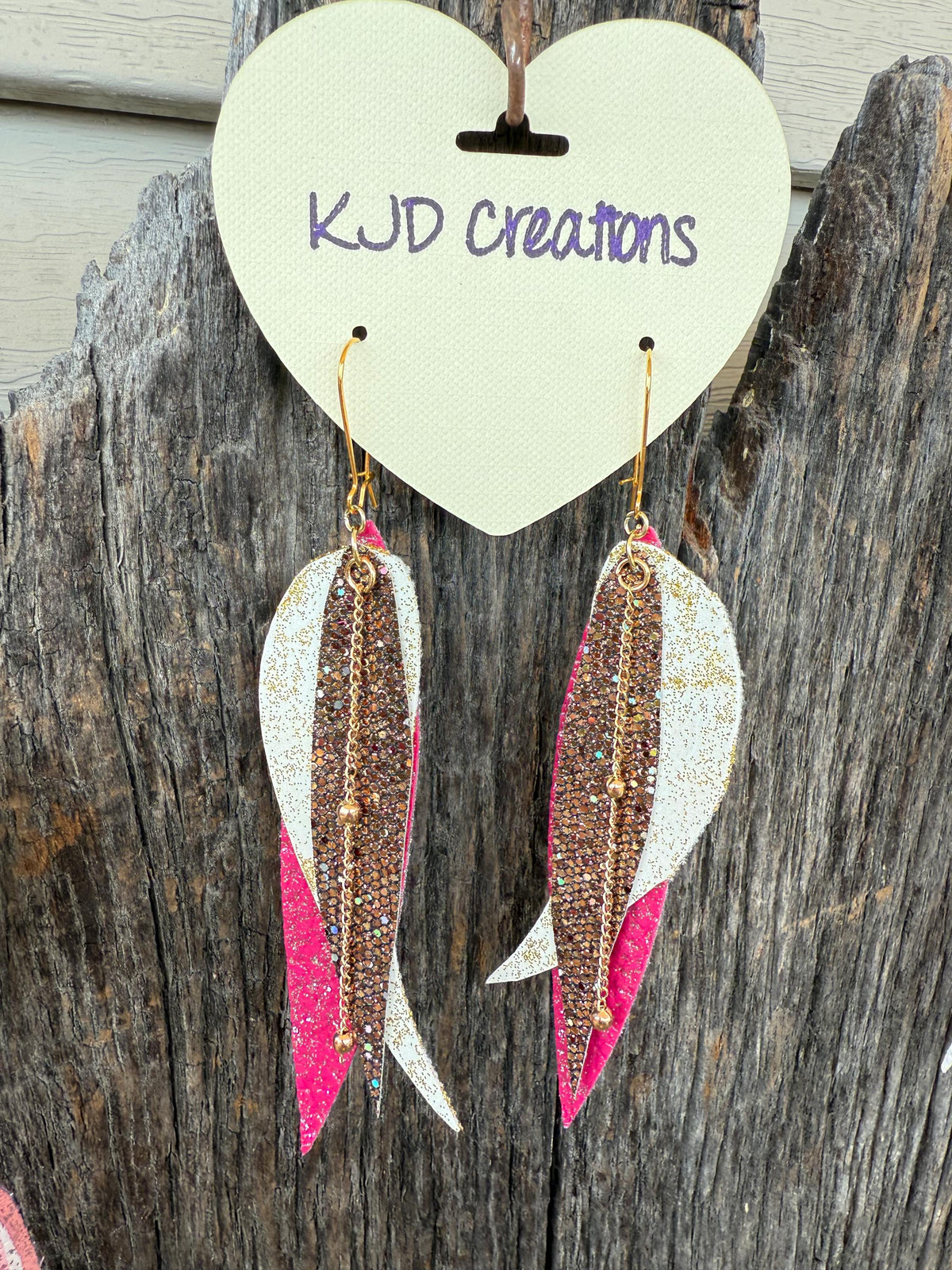 Pink, White & Gold Glitter Faux Leather Feather Earrings | Western Boho Dangle