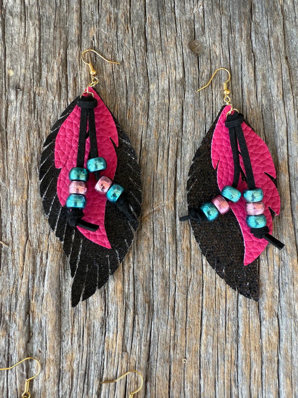 Faux Leather Layered Feather Earrings with Beads & Latigo | Western Boho Dangle